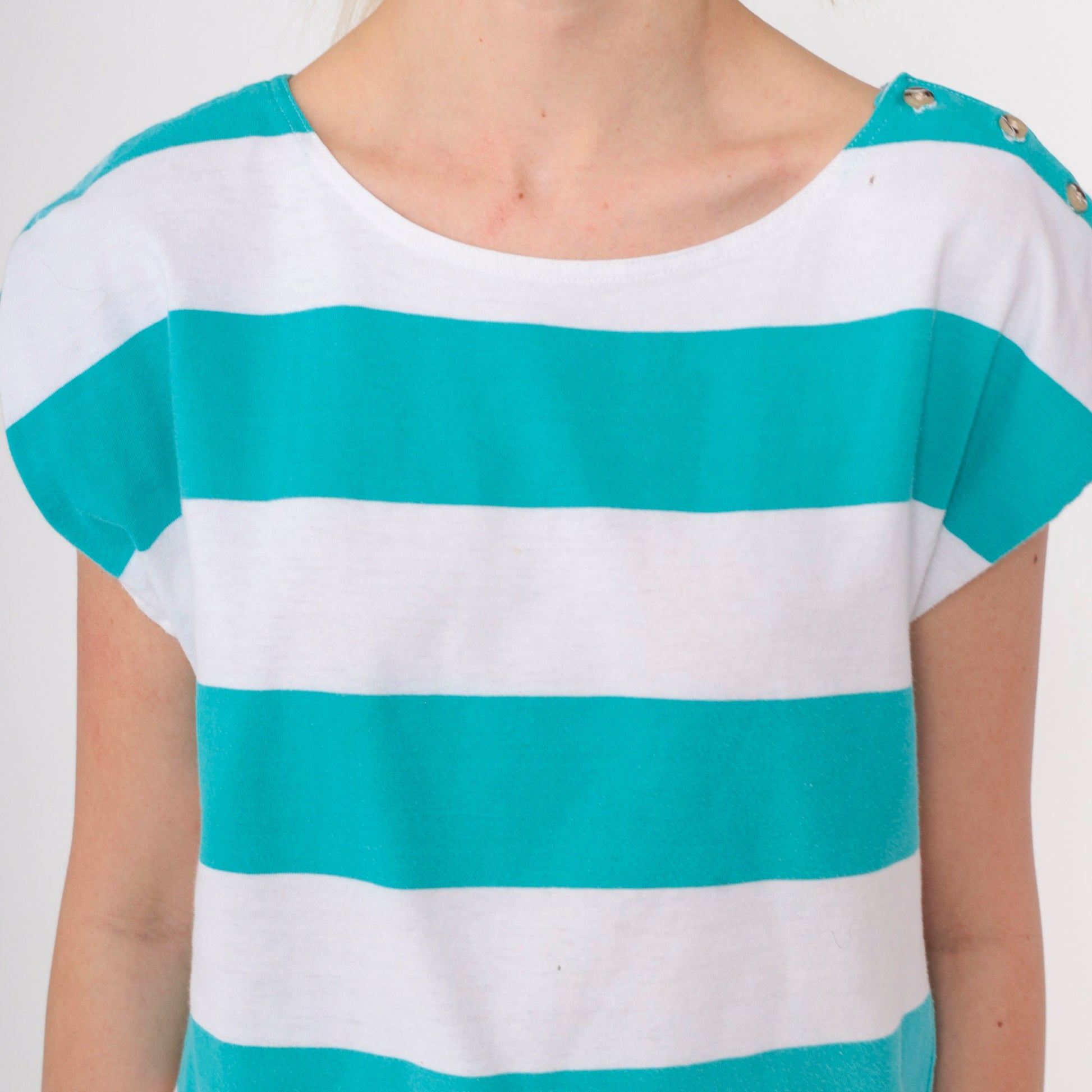 80s 90s Honors Striped Cap Sleeve T-Shirt Turquoise White Medium