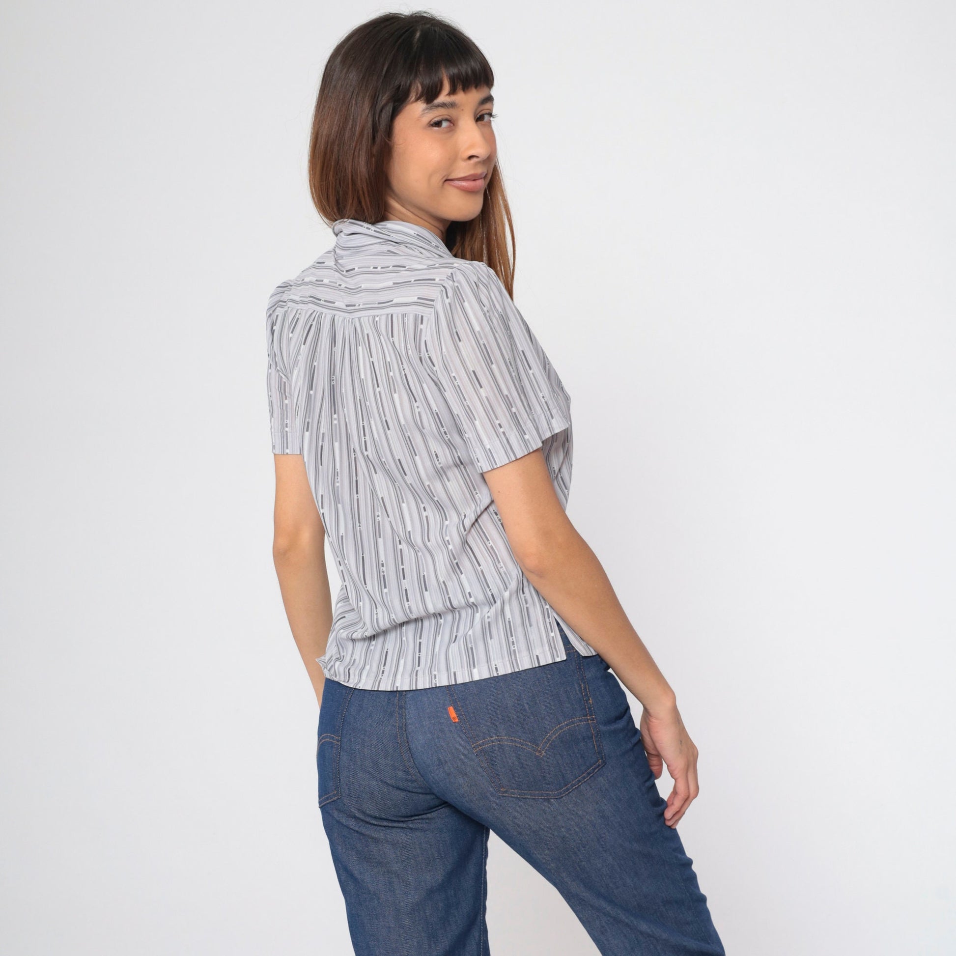 70s Puff Sleeve Button-Up Blouse Grey Broken Stripe Shirt Small S