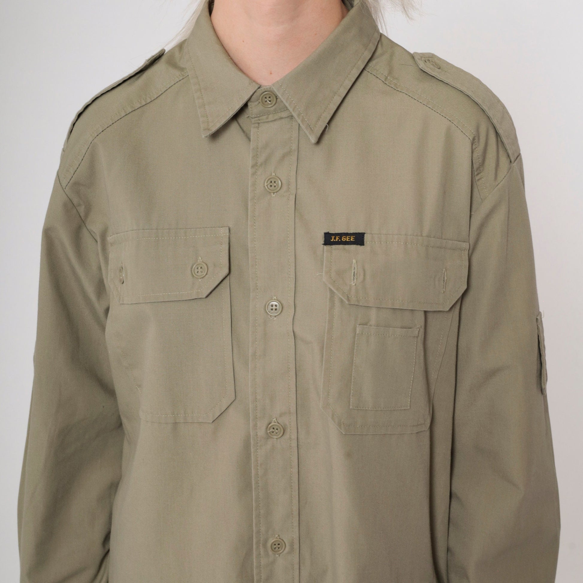 90s Utility Shirt Khaki Military Style Button Up Long Sleeve Medium