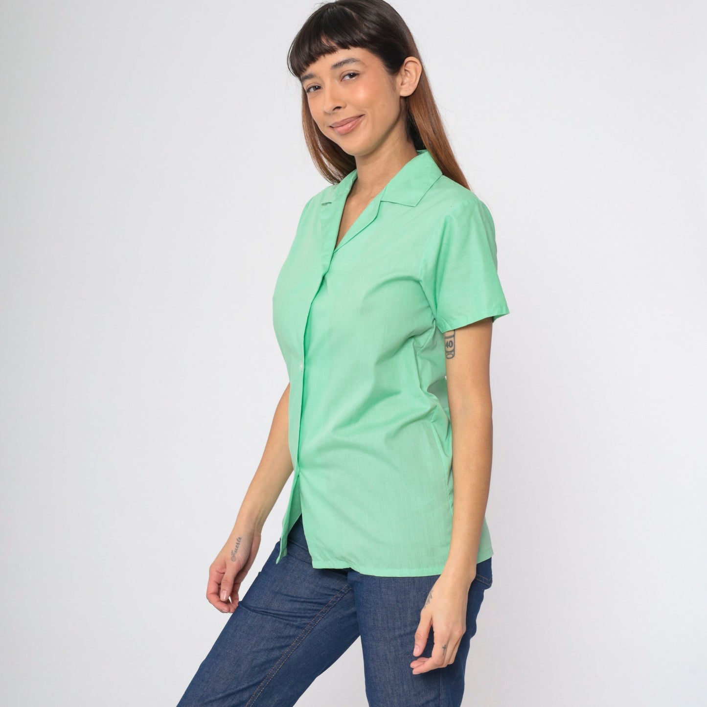 70s Mint Green Button Up Shirt Short Sleeve Sears Blouse Extra Small