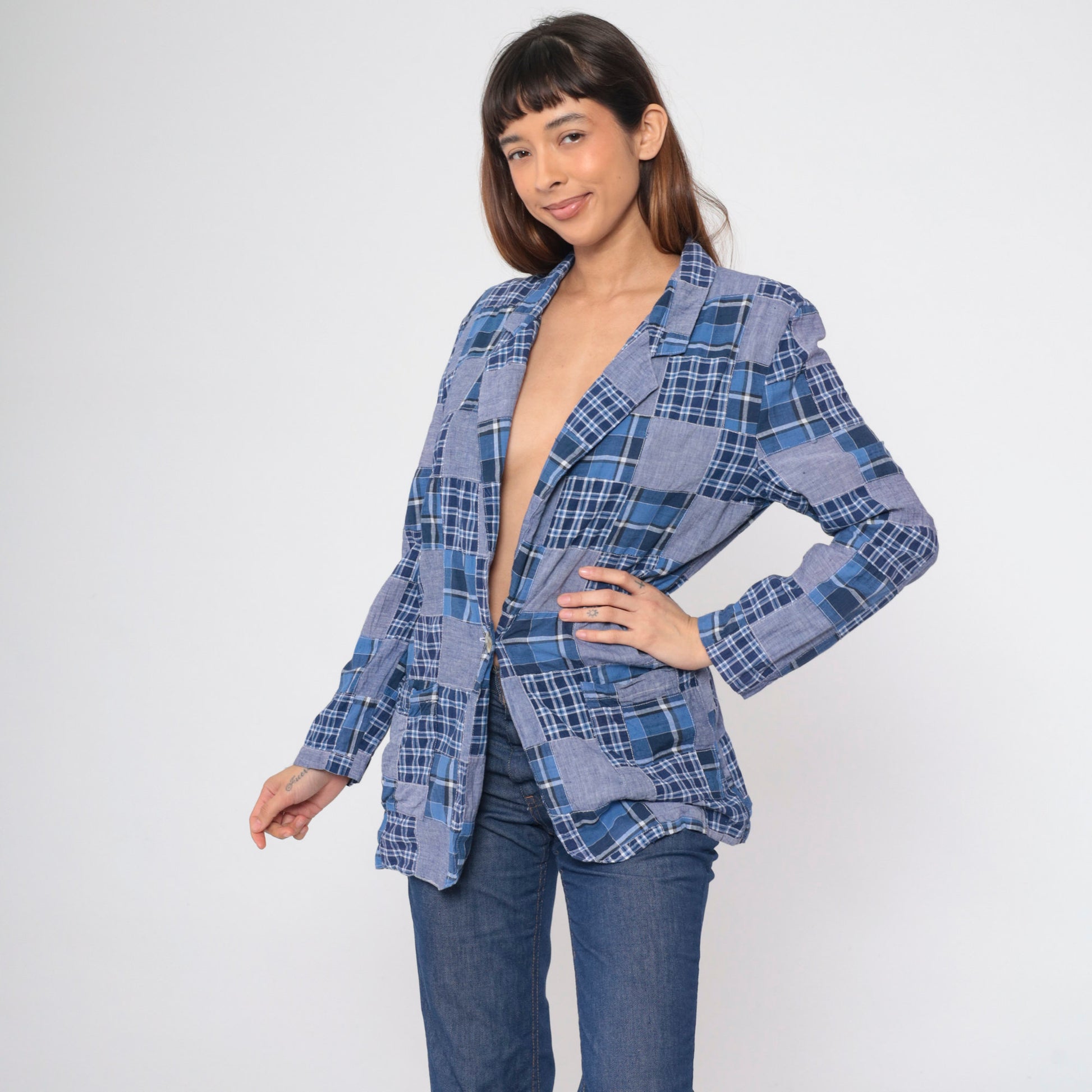 80s Clio Patchwork Plaid Blazer Blue Chambray V-Neck Button-Up Small