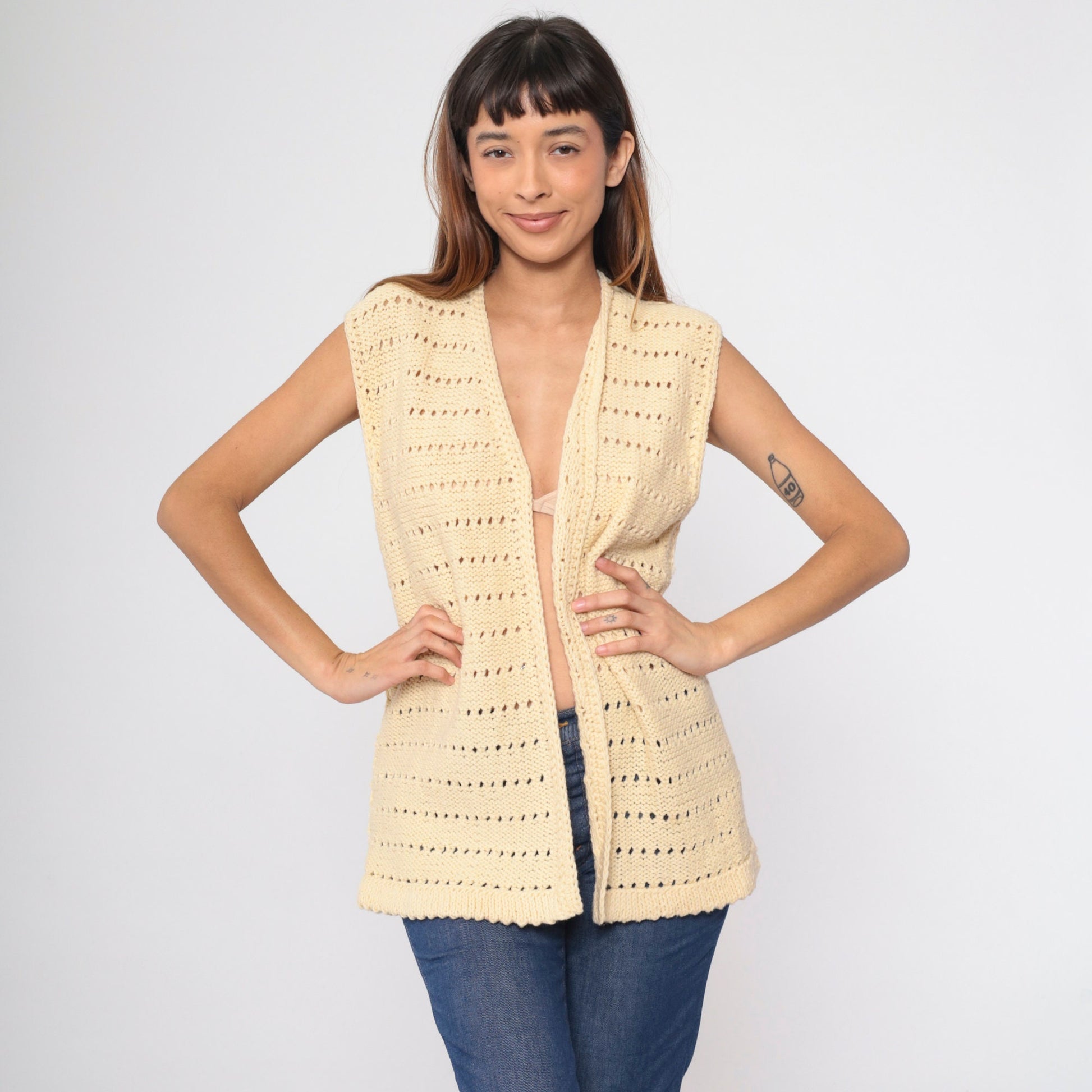 70s Cream Knit Vest Sleeveless V-Neck Sweater Tank Medium