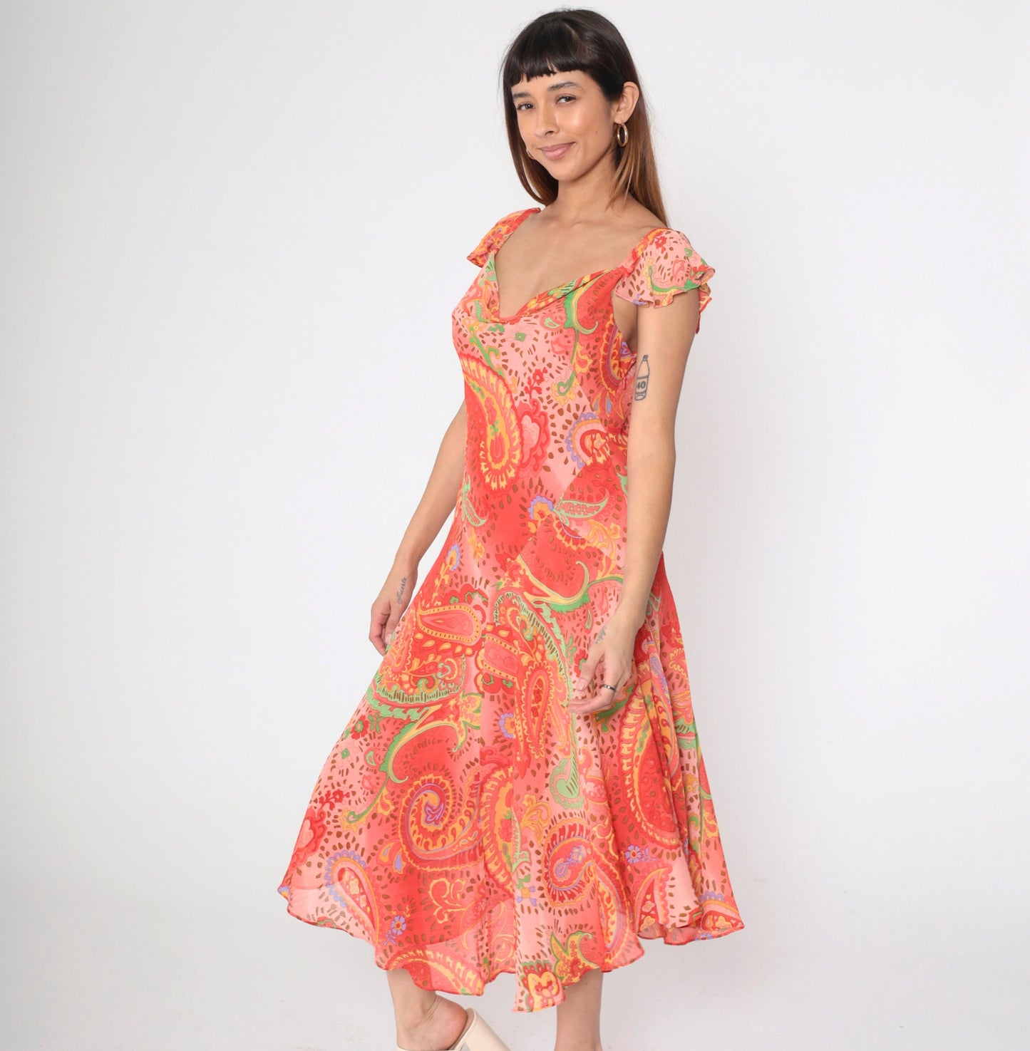 Y2K Paisley Midi Dress Coral Pink Flutter Sleeve Cowl Neck Large 14
