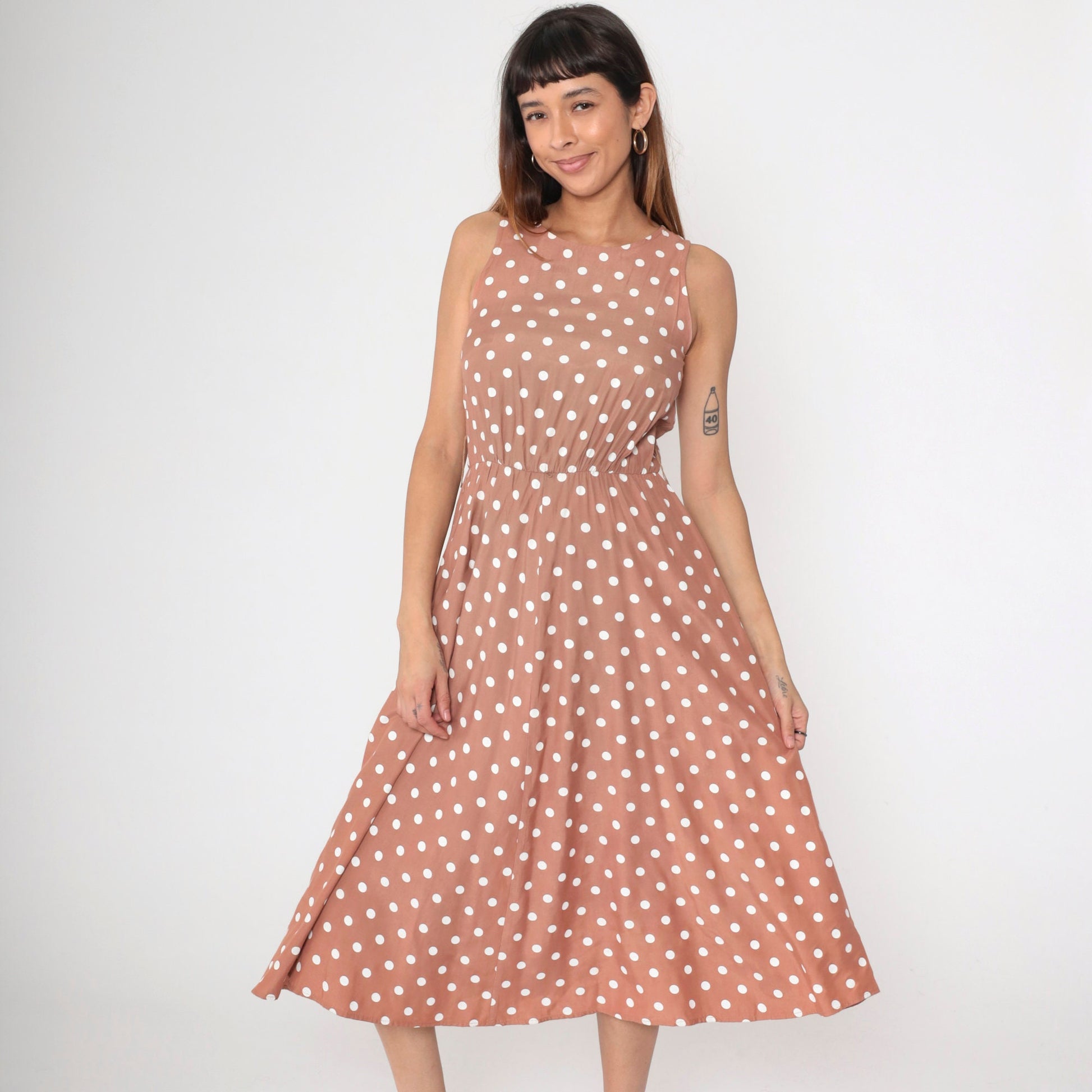 80s My Michelle Mocha Polka Dot Midi Sundress High Waist Sleeveless Extra Small