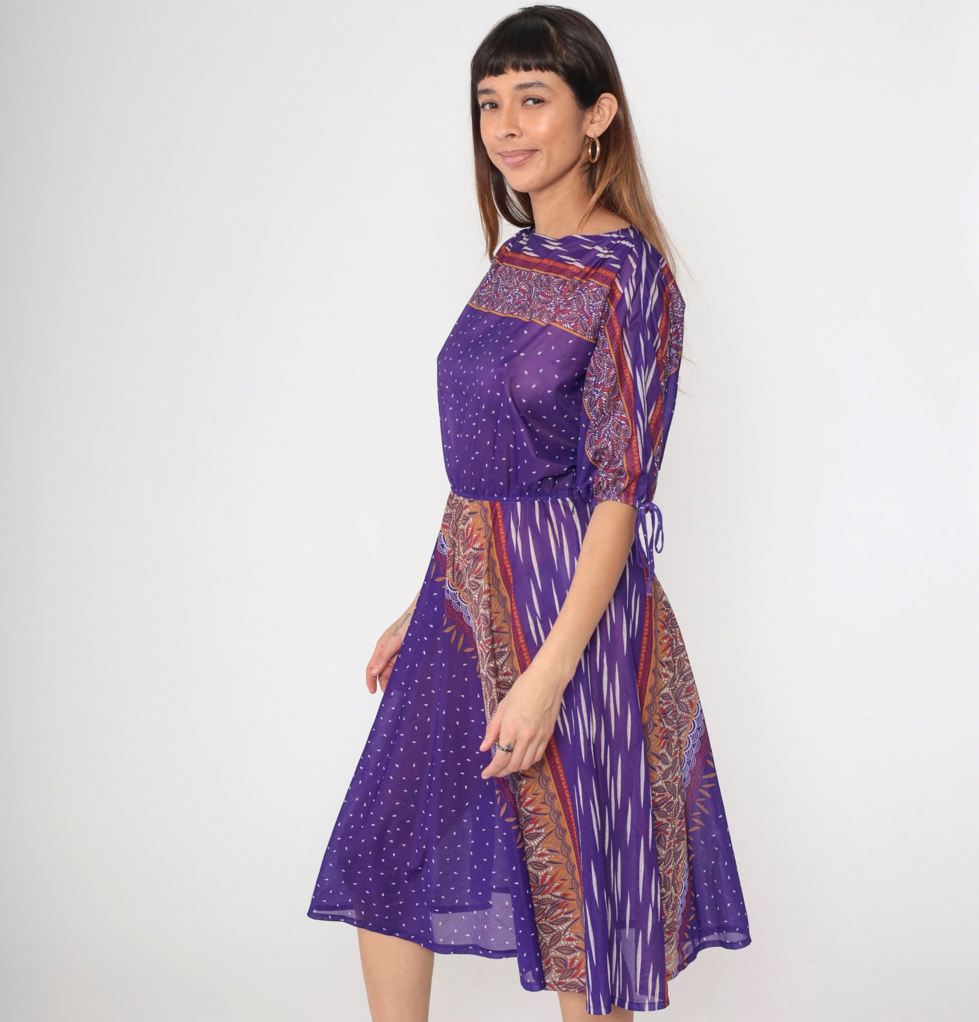 70s Purple Leaf Print Midi Dress Dolman Tie Sleeves Elastic Waist Small Medium