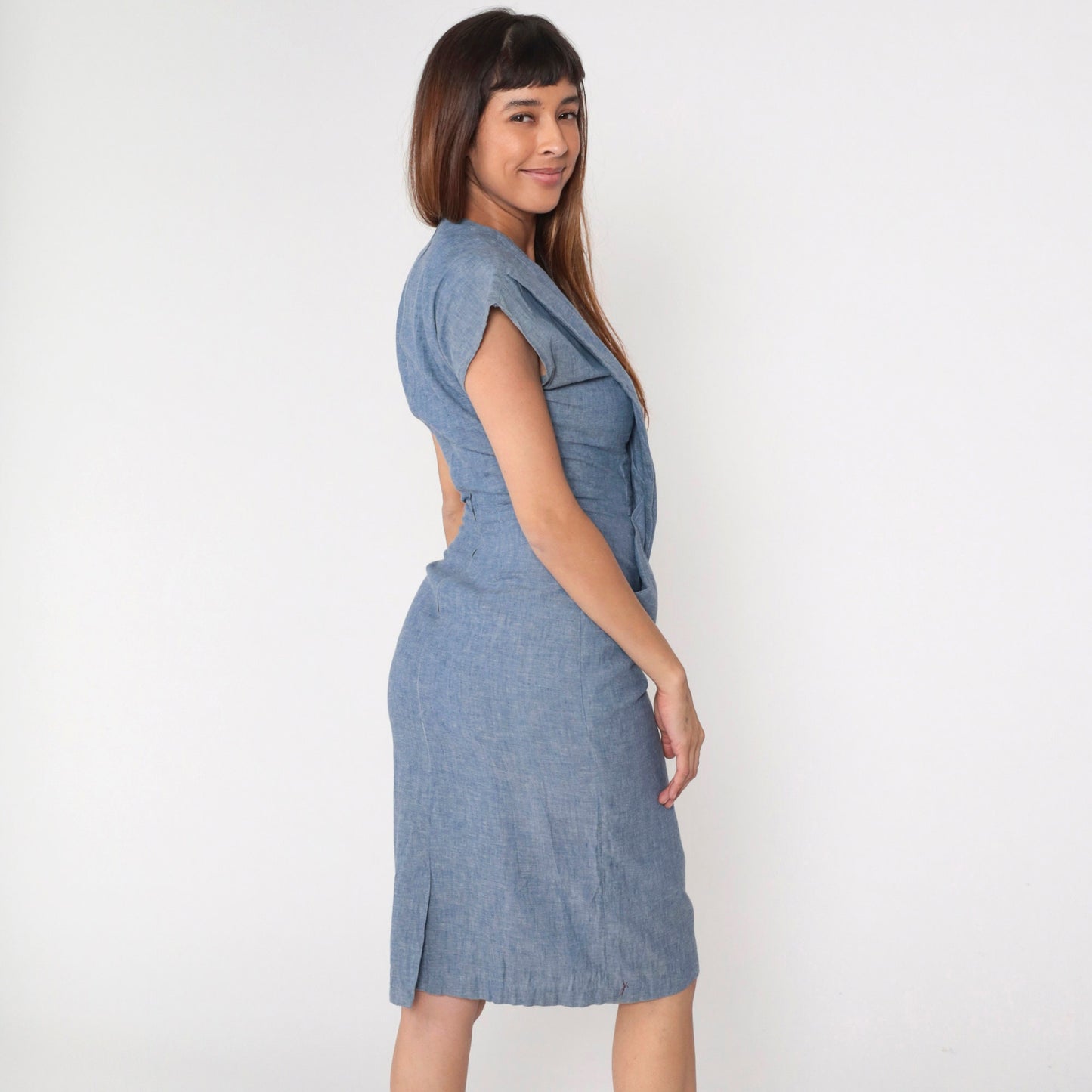 80s Blue Criss-Cross Wrap Midi Dress V-Neck Short Sleeve Small S