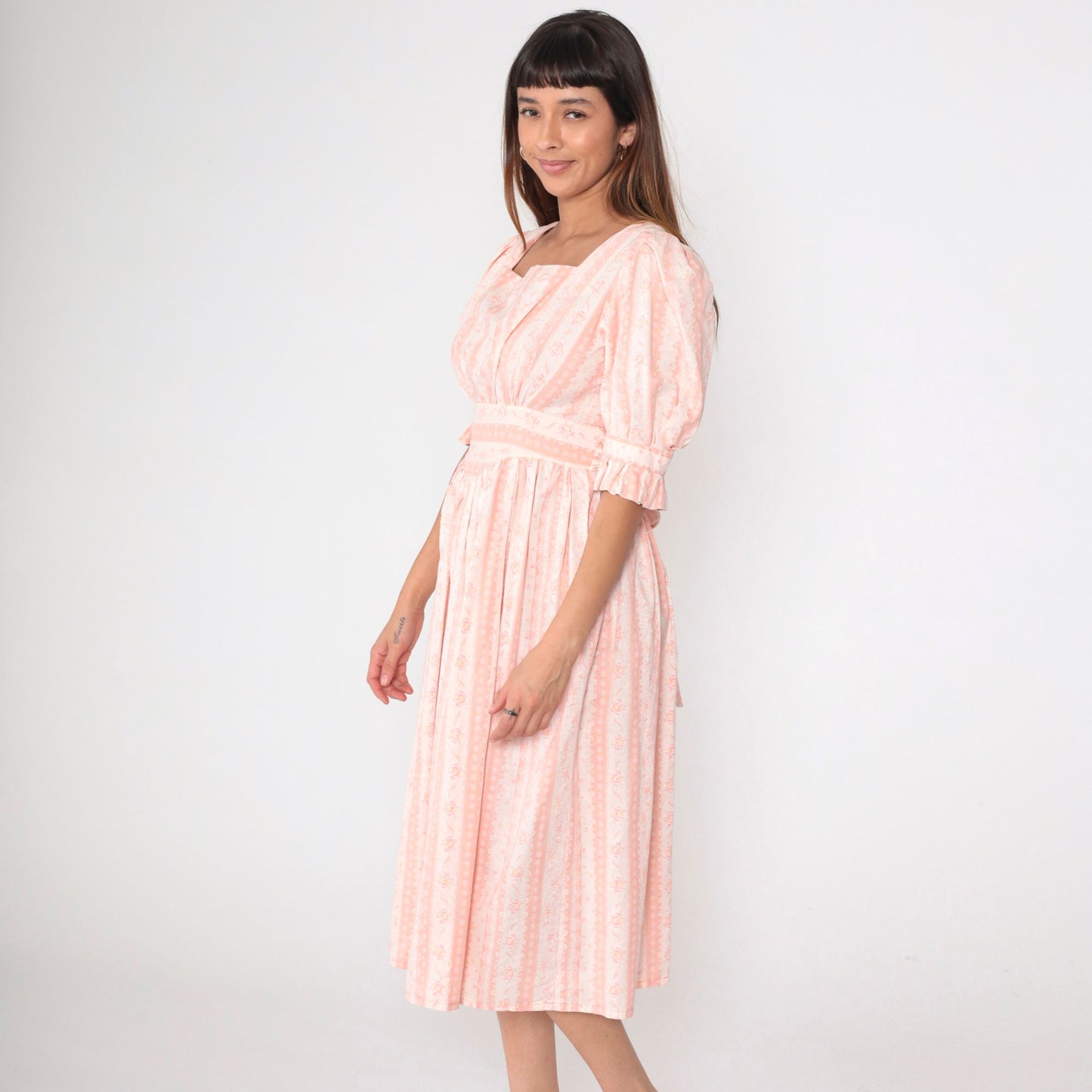 70s Pink Floral Midi Dress Puff Sleeve High Waist Small