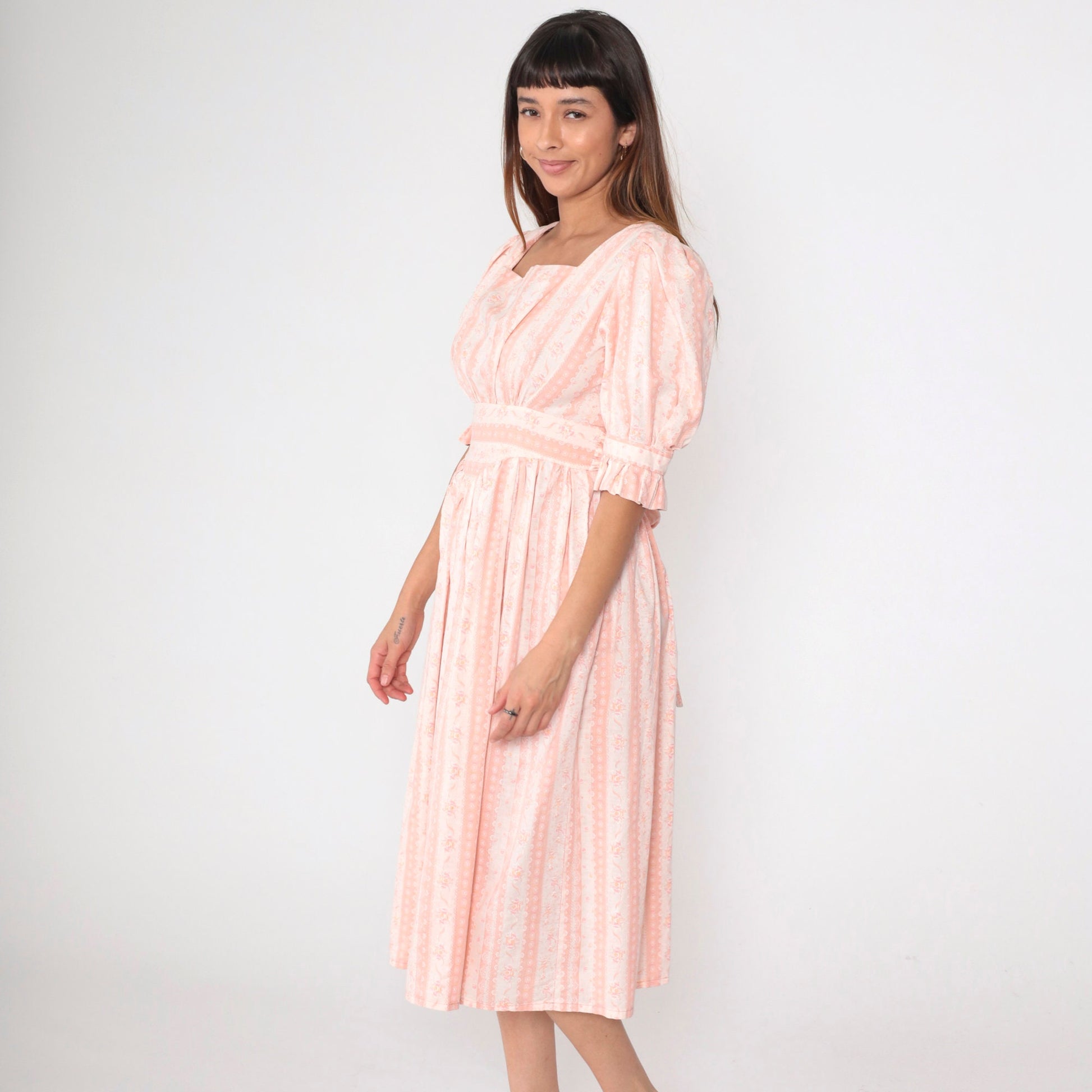 70s Pink Floral Midi Dress Puff Sleeve High Waist Small