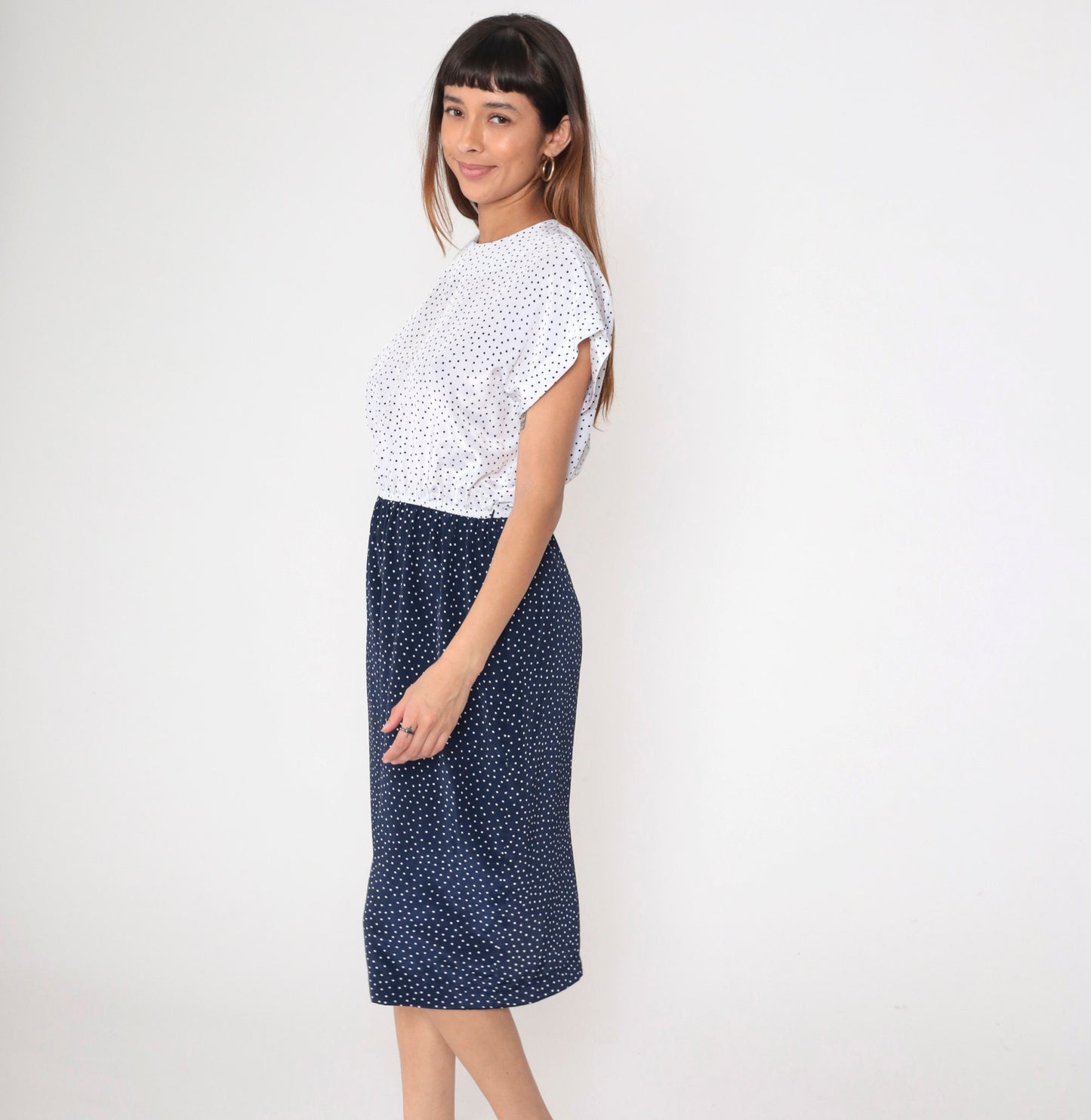 80s Leslie Fay Polka Dot Knee-Length Dress Navy White High-Waisted Medium