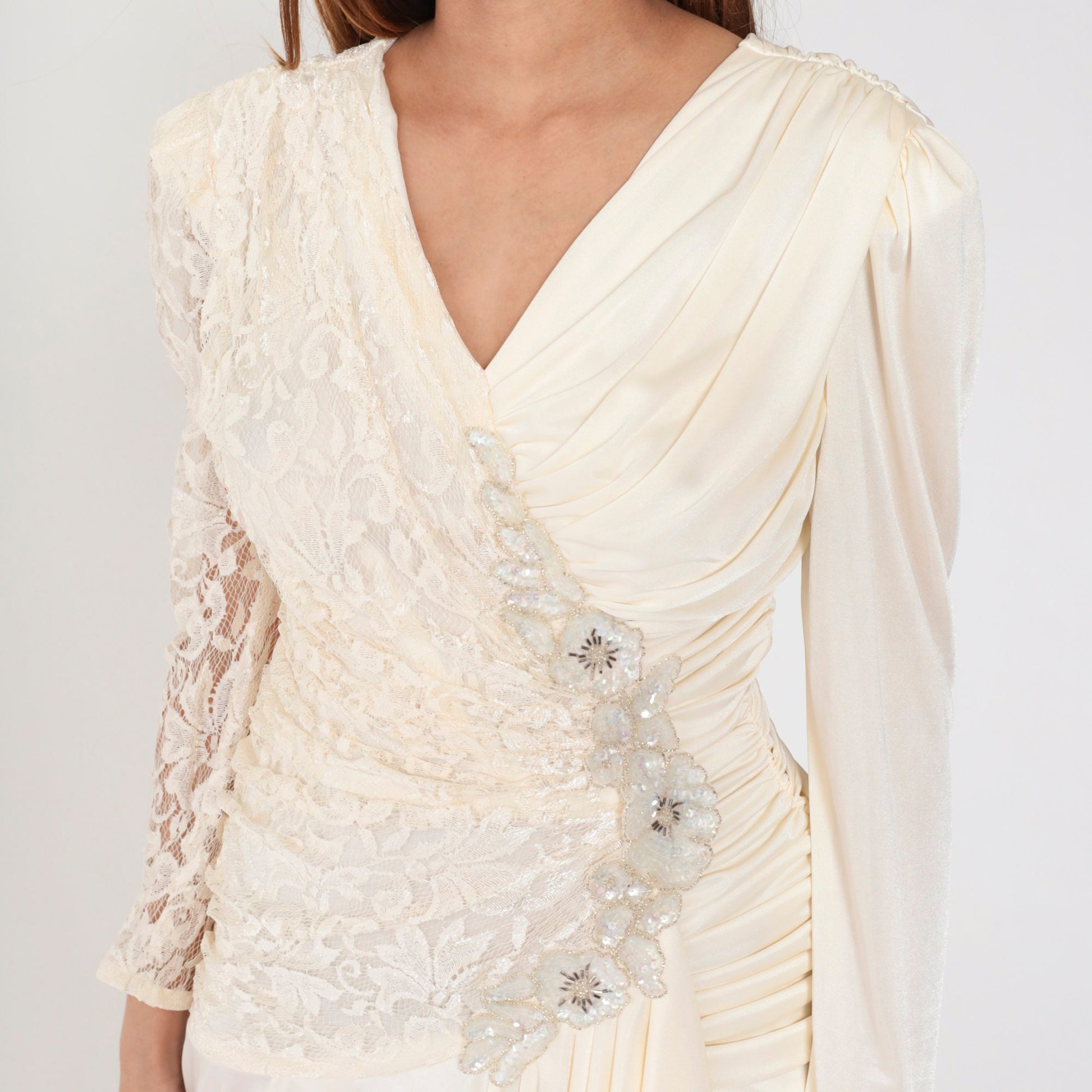 80s Off-White Lace Midi Dress Beaded Sequin V-Neck Puff Sleeve Small