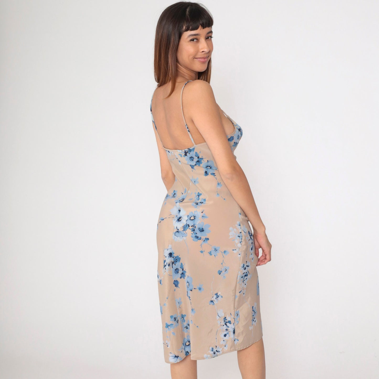 Y2K Charlotte Russe Floral Midi Sundress Taupe Blue Empire Waist Small