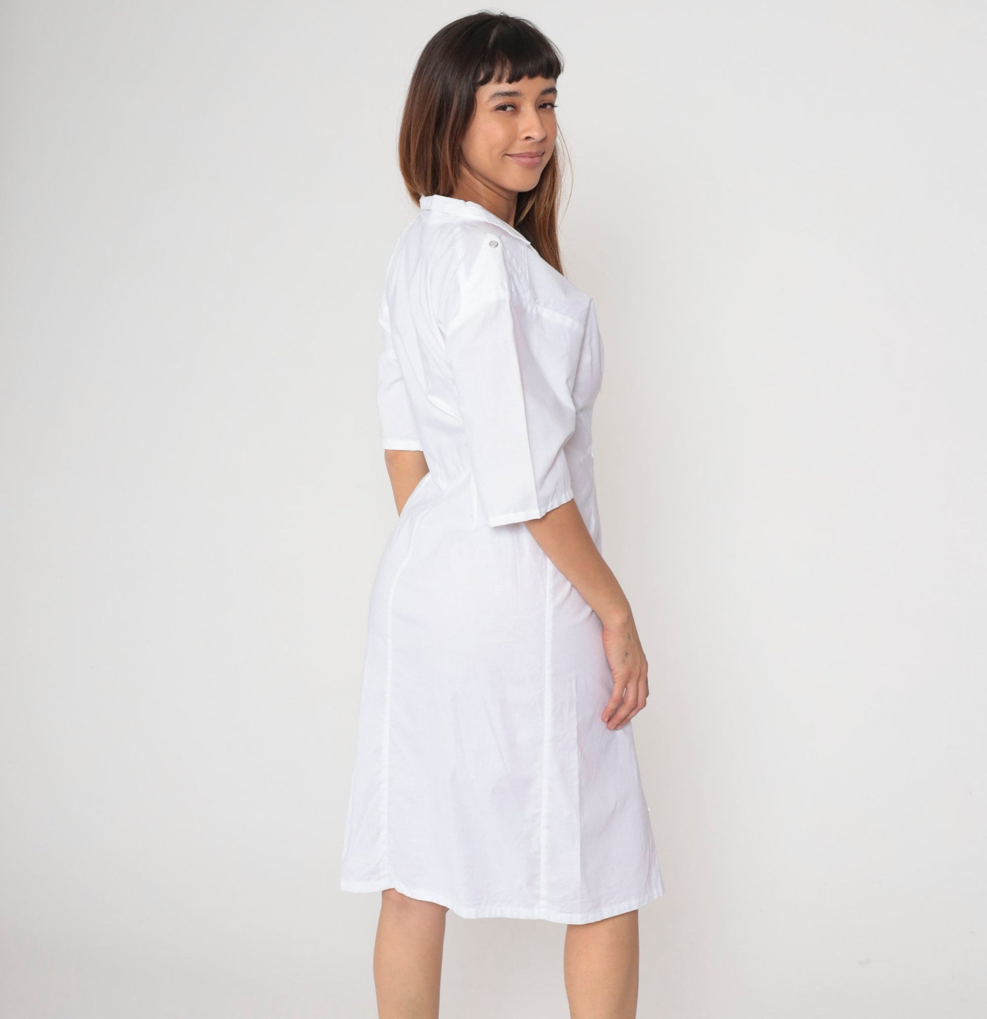 80s White Cotton Midi Dress Notched Collar Pearl Snap Diamond Inset Small