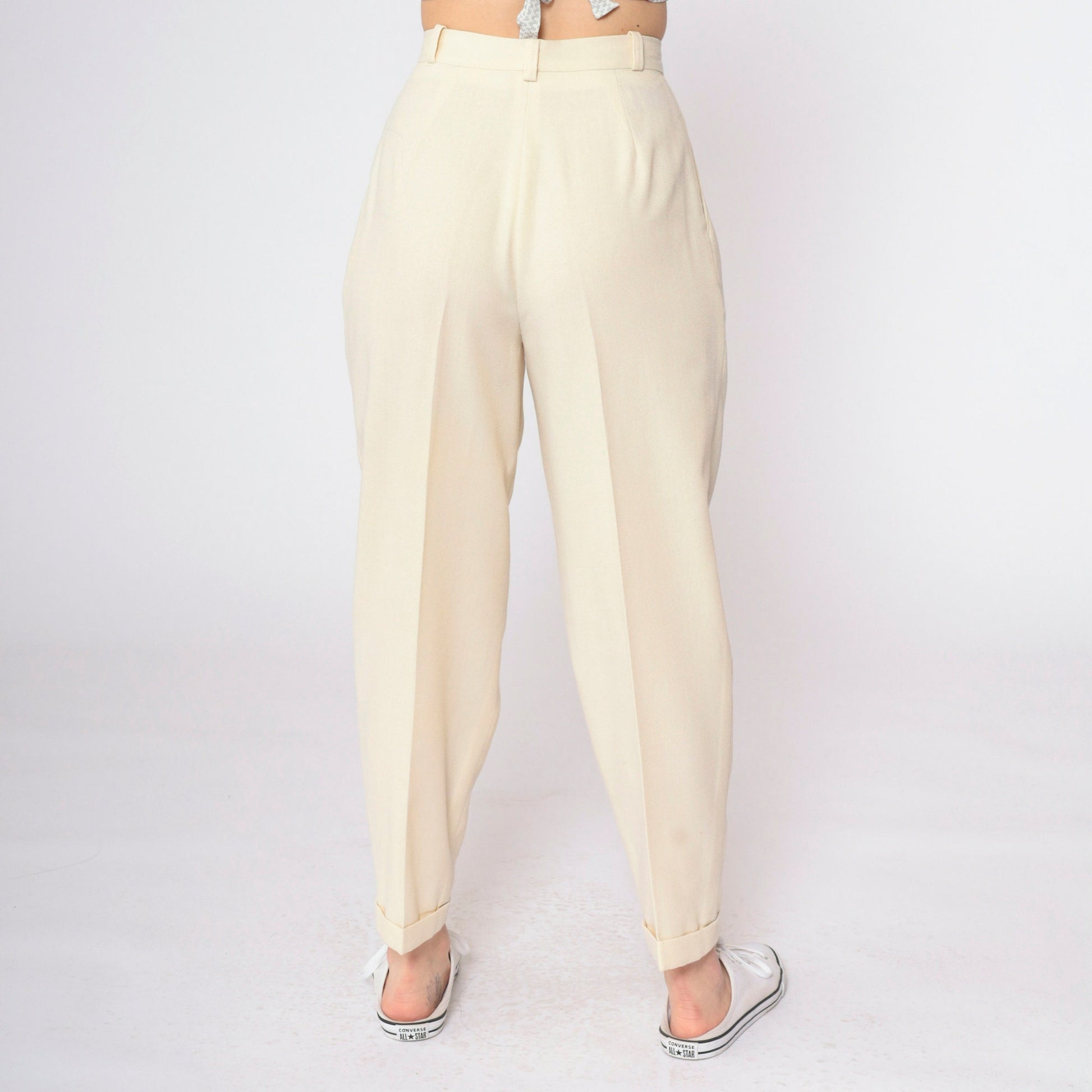 80s Cream Pleated High-Waist Trousers Tapered Leg Small S
