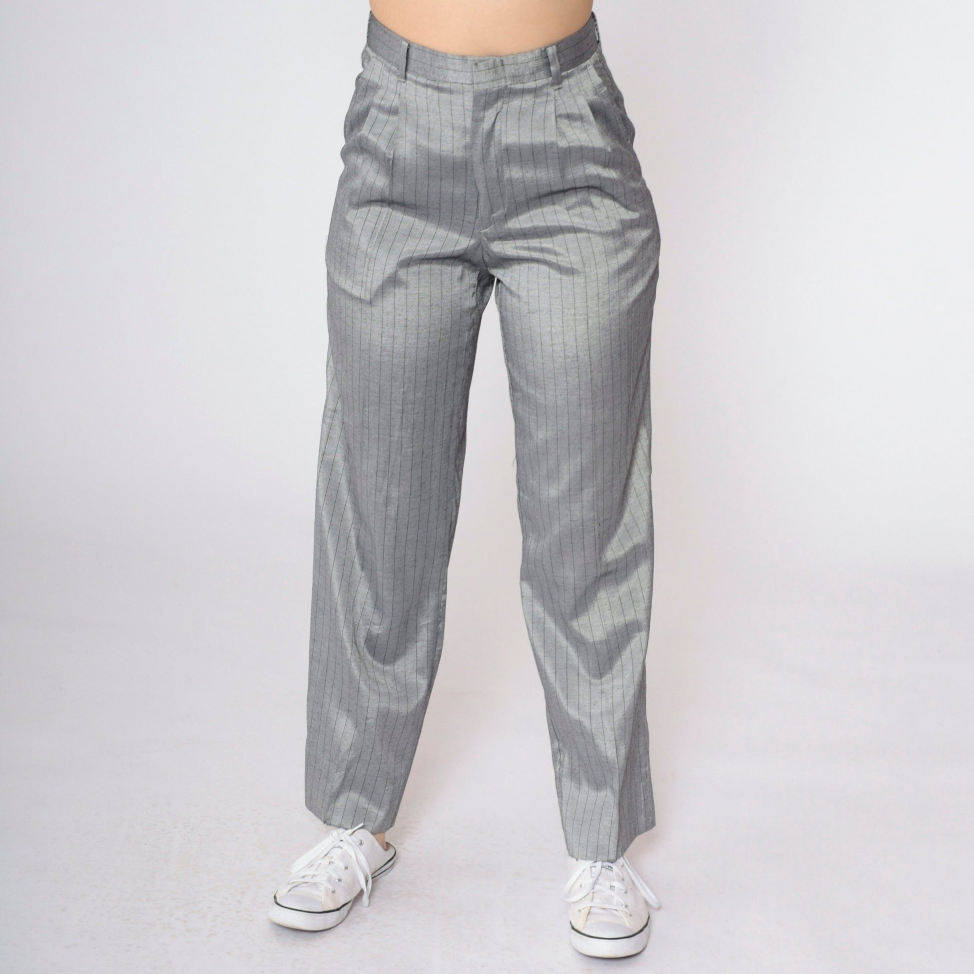 90s Grey Pinstripe High-Waisted Pleated Straight-Leg Trousers Small
