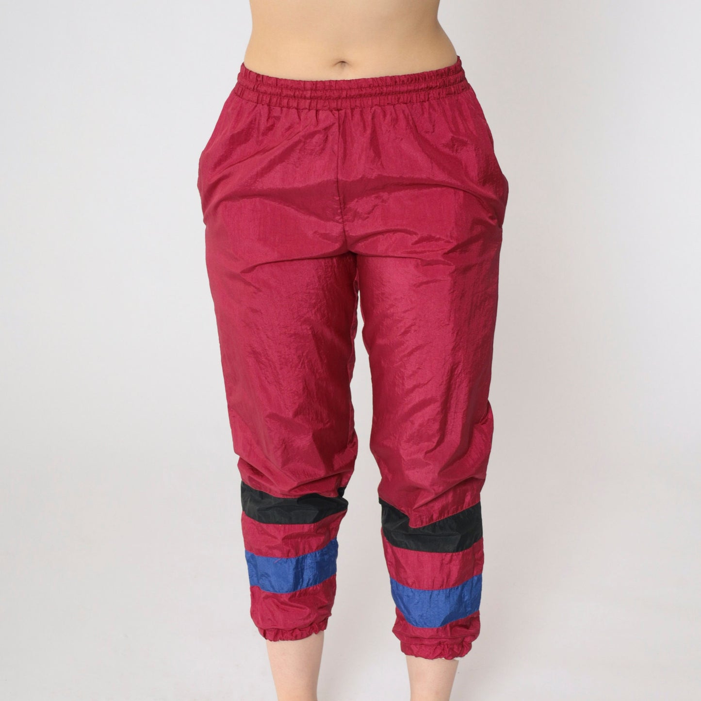 90s Raspberry Nylon Track Pants Striped Kids Medium