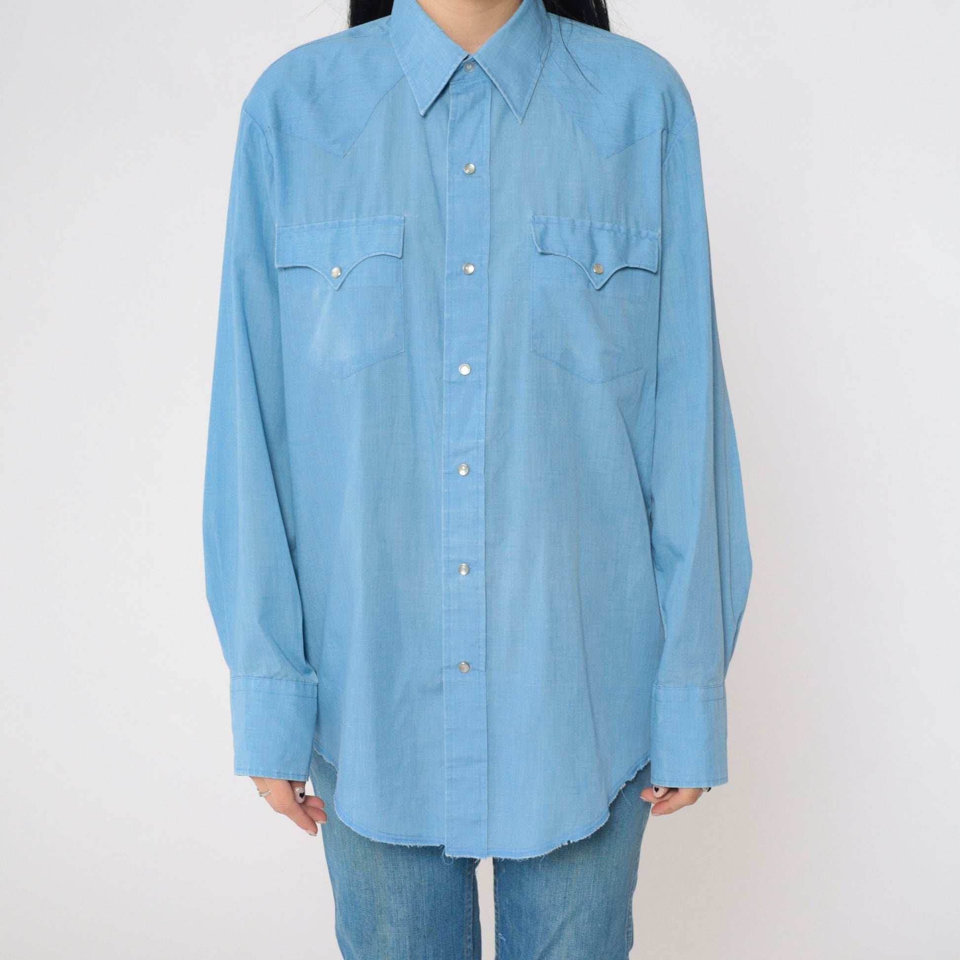 80s Blue Pearl Snap Western Shirt Men's Medium Long Sleeve Button Up