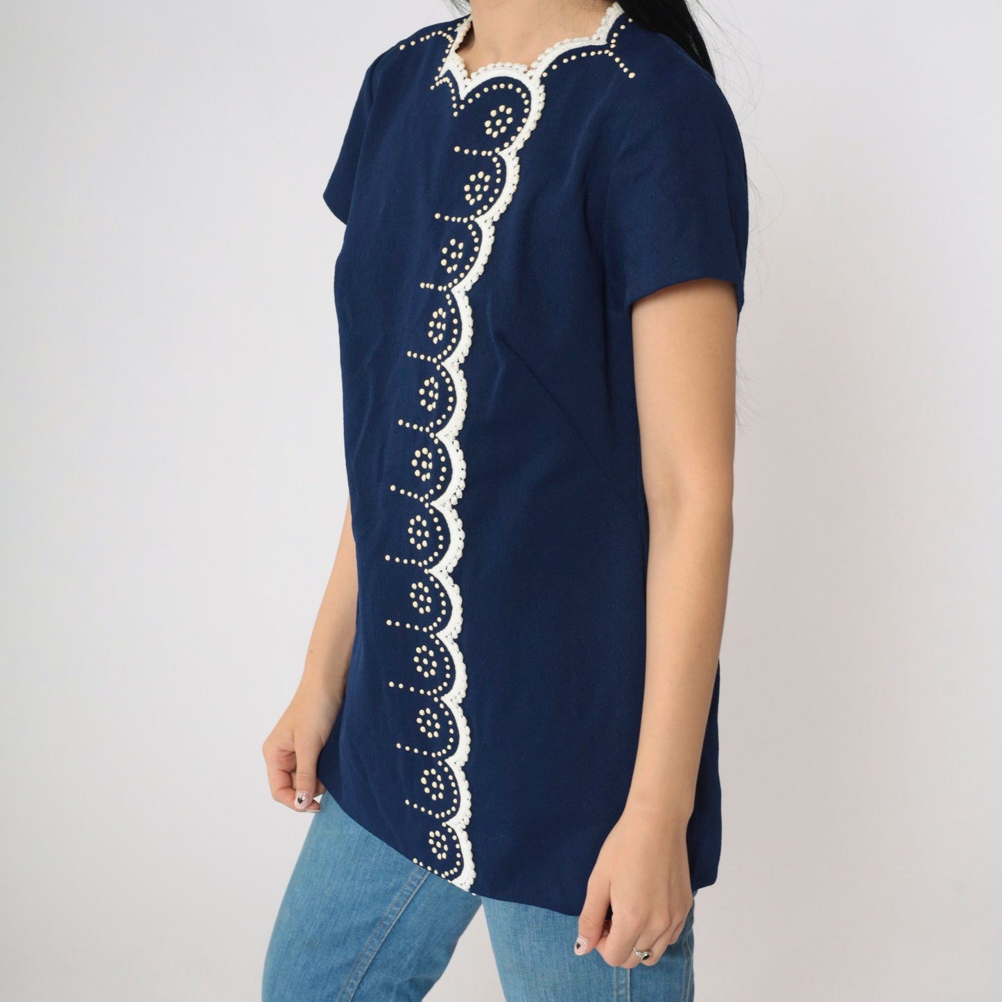 60s Navy Tunic Top Scalloped Lace Trim Mod Dot Print Short Sleeve Medium