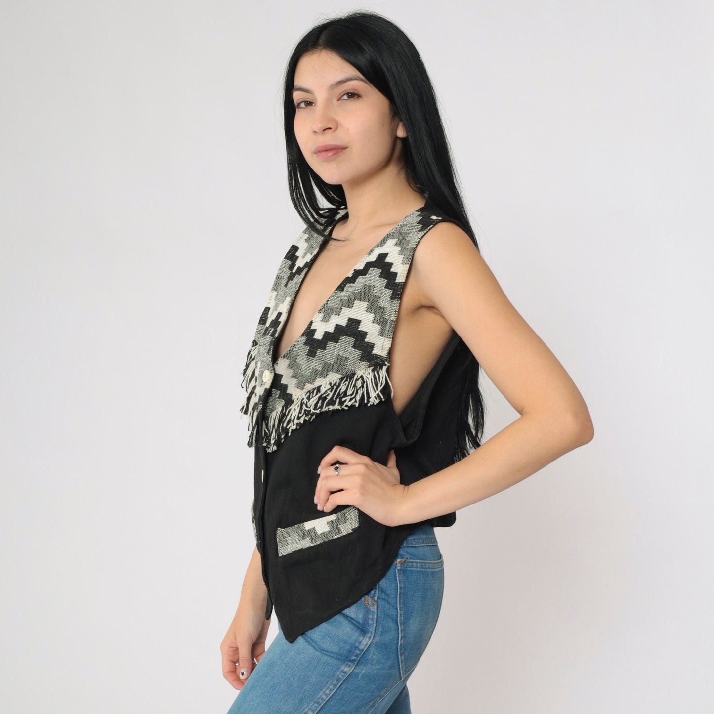 90s Southwestern Tapestry Vest Fringe Trim Black White Geometric Button Up Medium