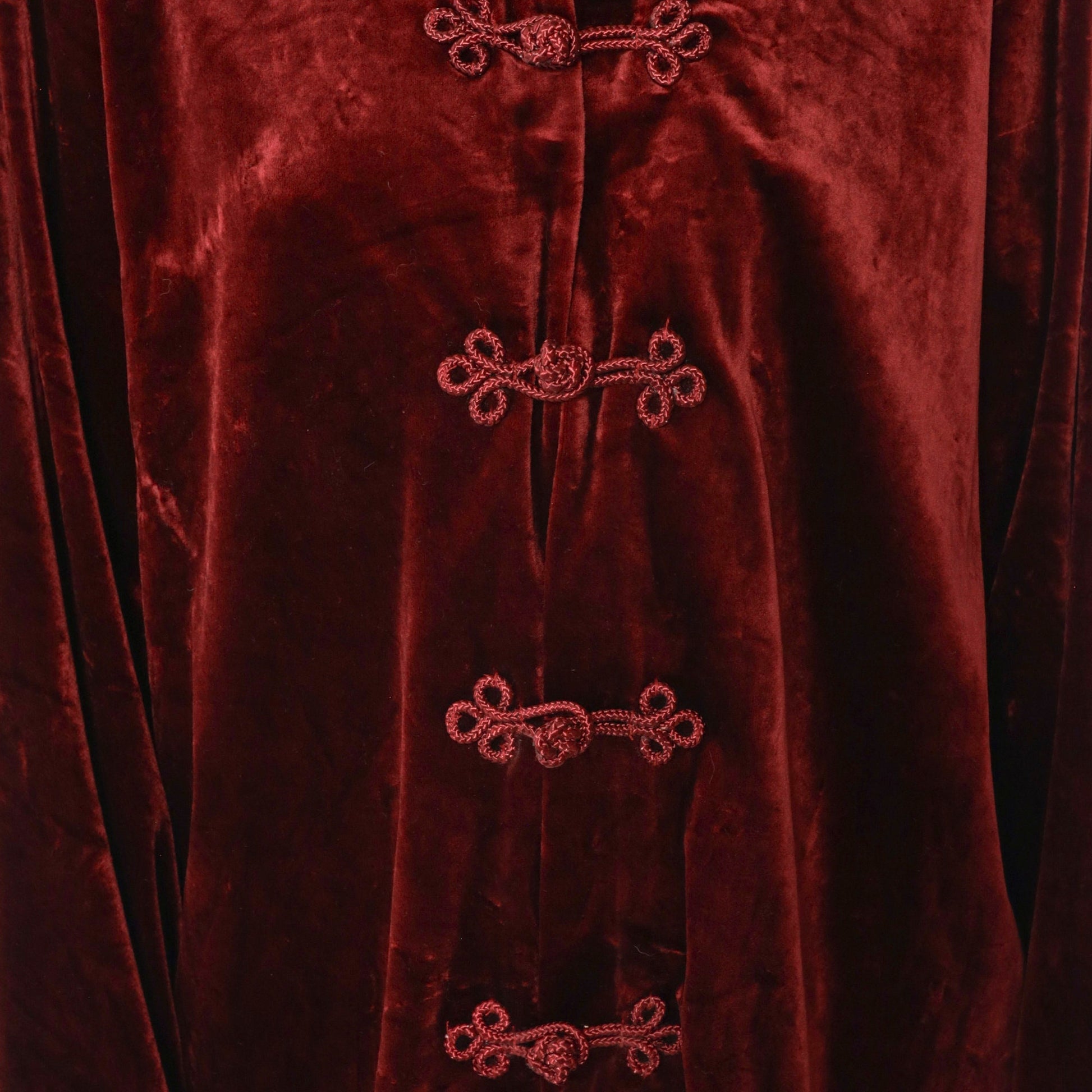 Y2K Burgundy Velvet Mandarin Collar Blouse Frog Closure Long Sleeve Large
