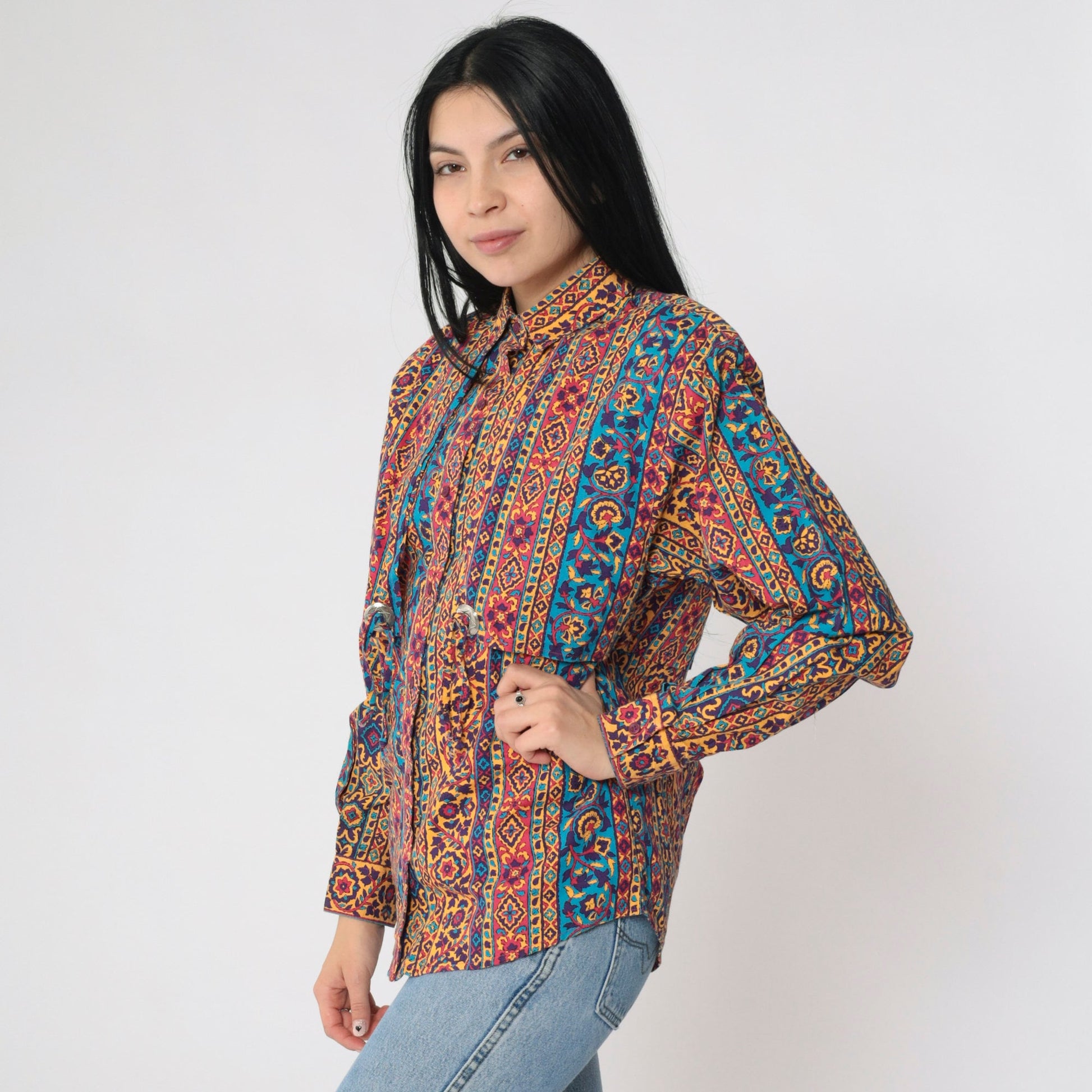 90s Frontier Series Western Floral Button Up Shirt Concho Medium