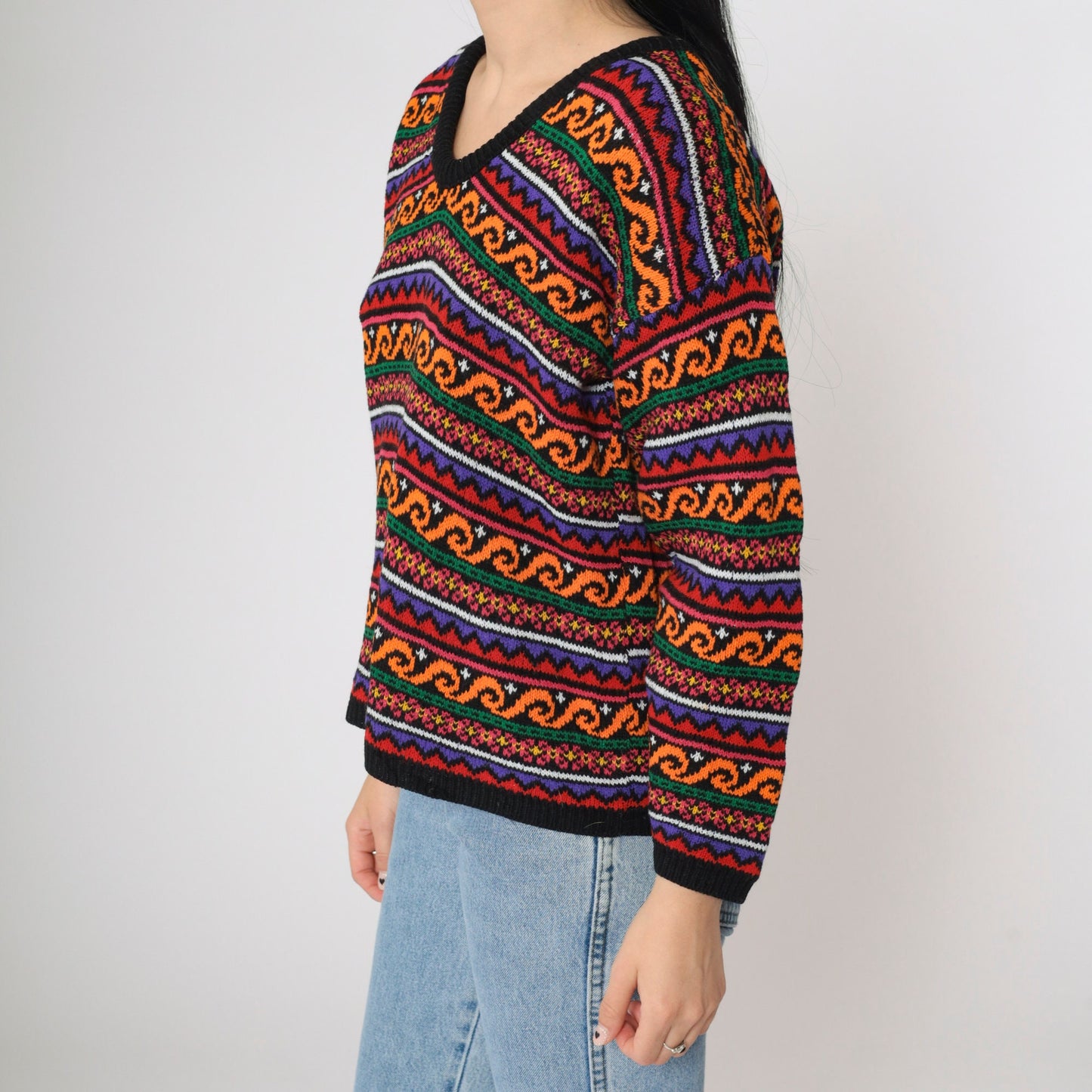 90s Geometric Floral Knit Sweater Black Orange V-Neck Pullover Medium M