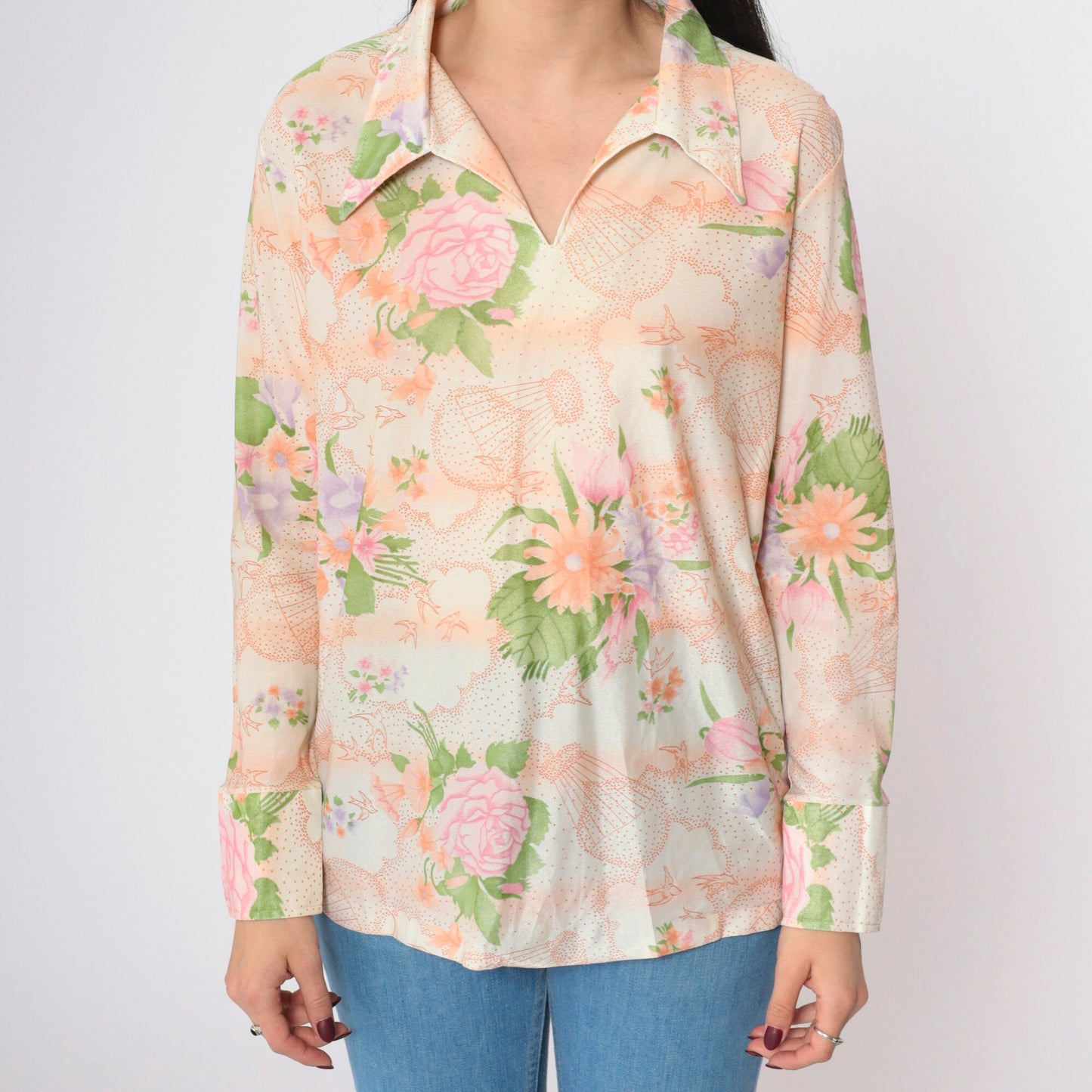 70s Pastel Bird Hot Air Balloon Floral Blouse Pointed Collar Long Sleeve Medium