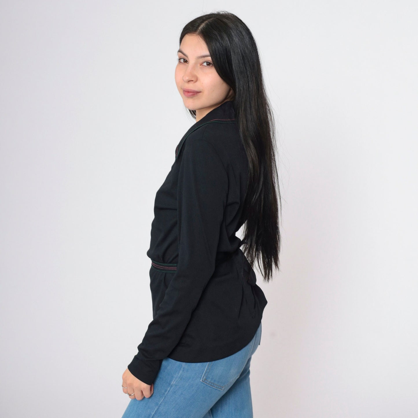 70s Black Long Sleeve Blouse Wide Collar Contrast Stitching Tie Belt Small