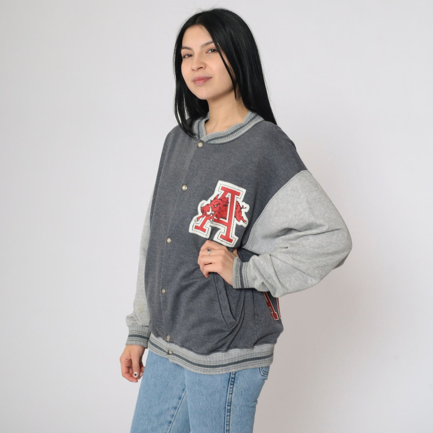 90s Arkansas Razorbacks National Champs Snap Jacket Grey Colorblock Large