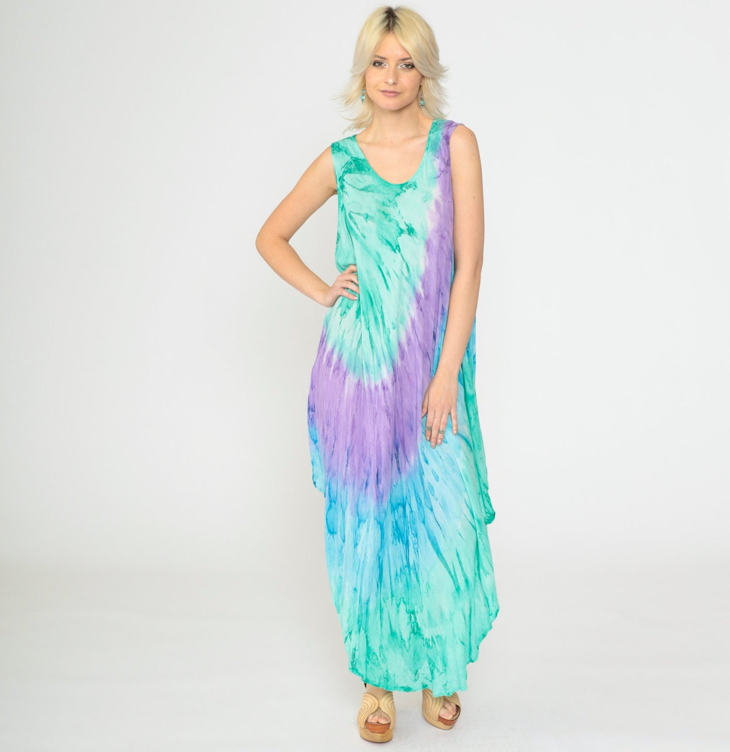 Y2K Tie-Dye Asymmetrical Sundress Sleeveless Scoop Neck Green Purple Blue XXL