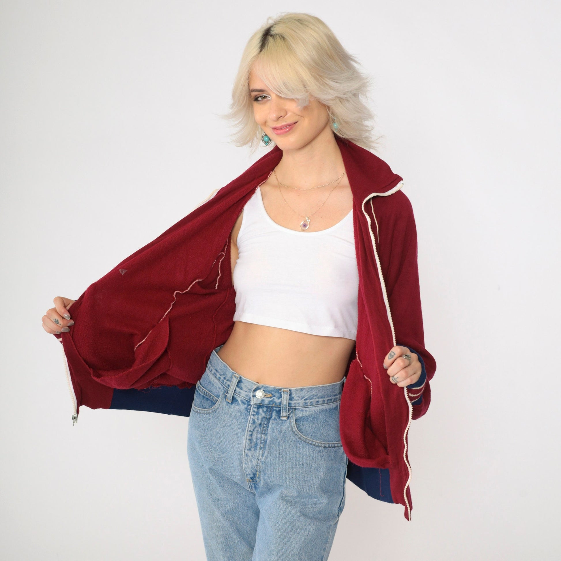 80s Burgundy Track Jacket Zip Up Sweatshirt White Striped Raglan Medium M