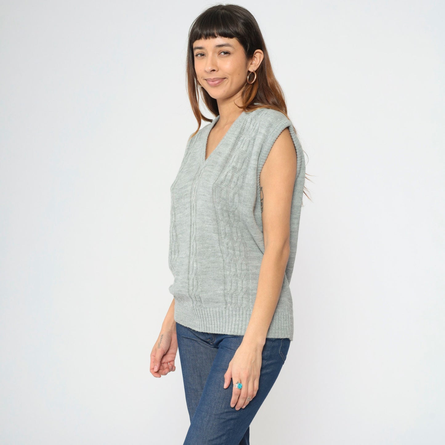 90s Steeplechase Cable Knit Vest Grey V-Neck Sleeveless Pullover Large L