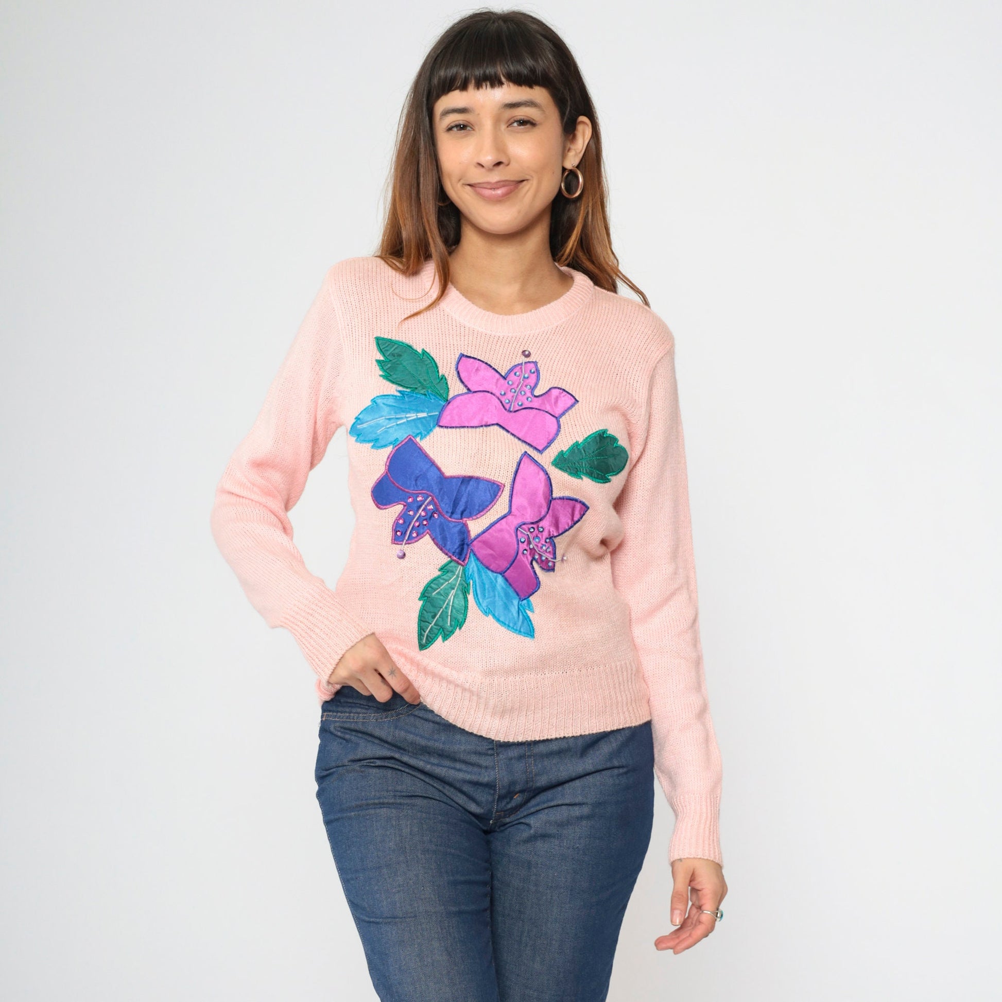 90s Baby Pink Sequin Floral Knit Sweater Beaded Crewneck Small