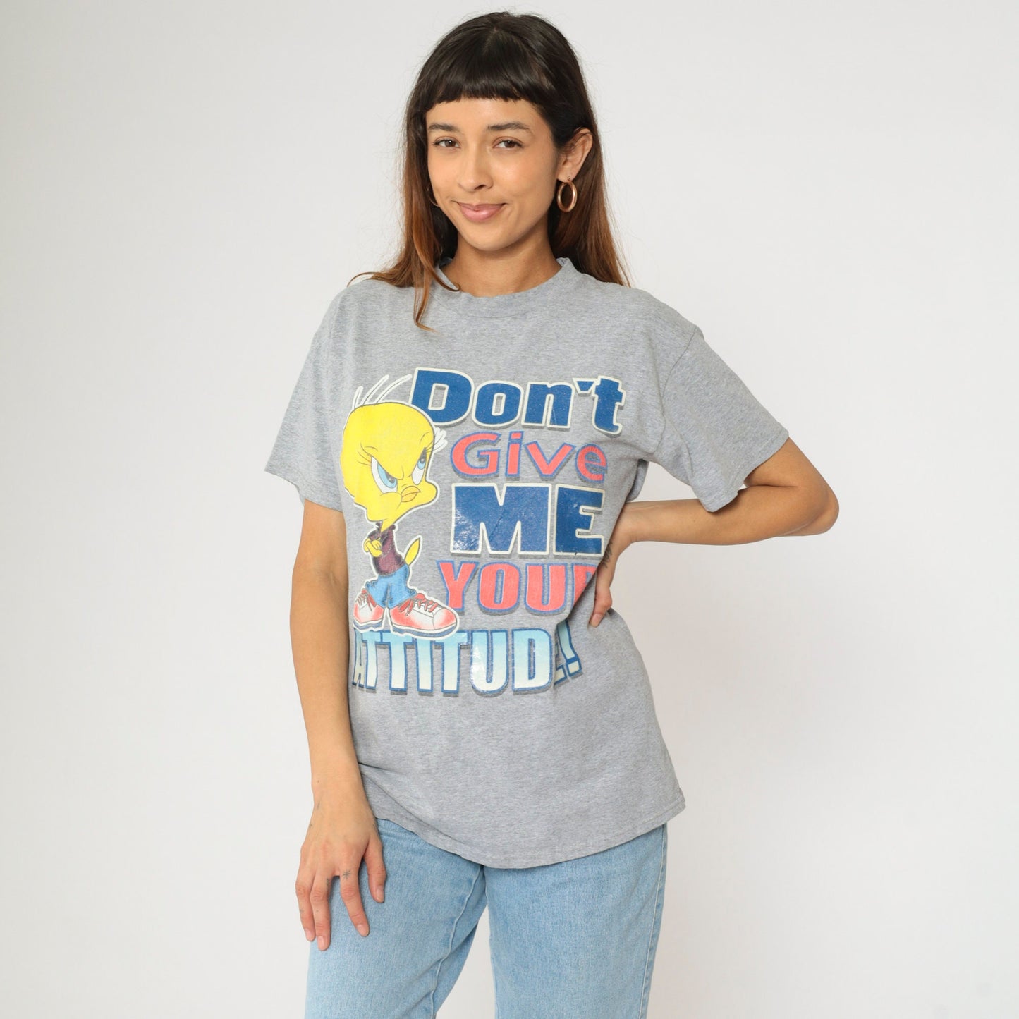 90s Tweety Bird Attitude Graphic T-Shirt Grey Warner Bros Medium