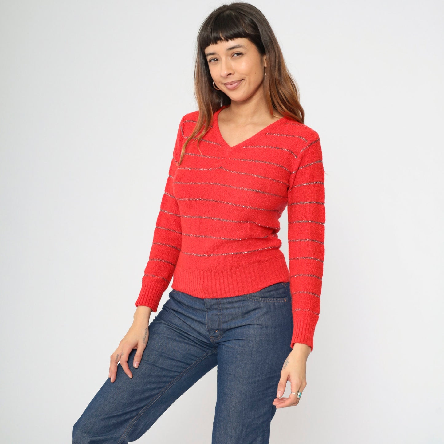 70s Metallic Striped Sweater Red Silver V-Neck Pullover Knit Small