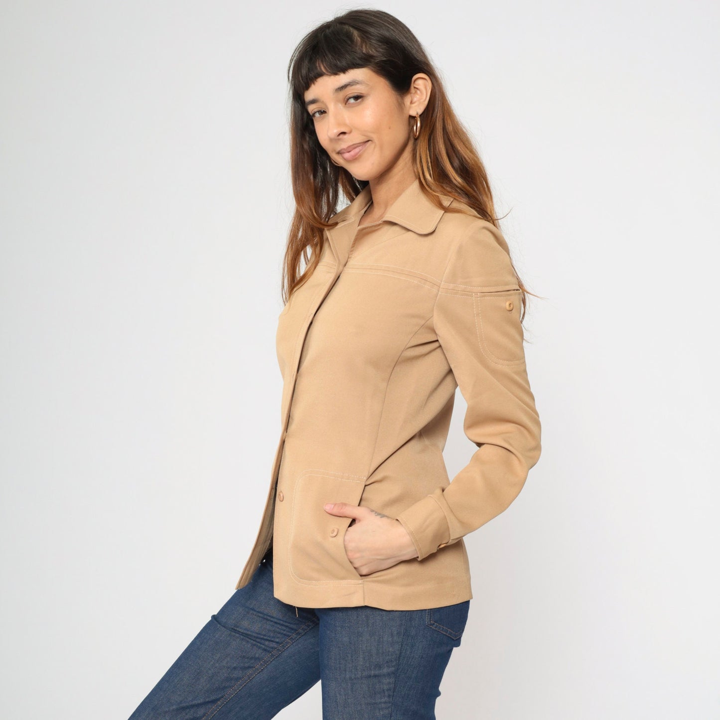 70s Tan Button-Up Blouse Dagger Collar Long Sleeve Pocket Shirt Small