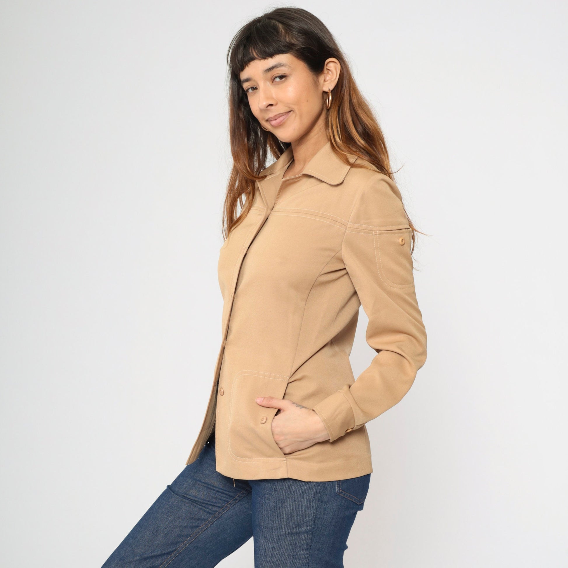70s Tan Button-Up Blouse Dagger Collar Long Sleeve Pocket Shirt Small