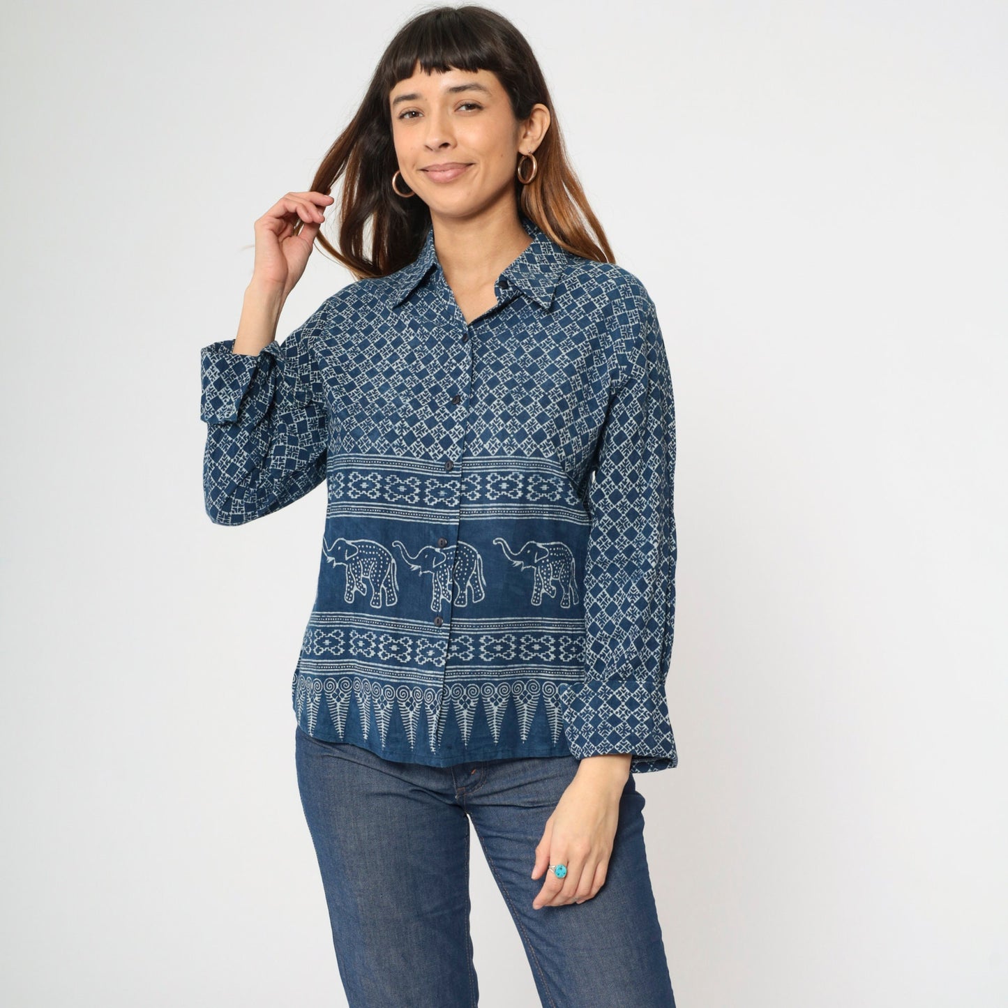 Y2K Blue Batik Elephant Print Button-Up Blouse Long Sleeve Medium