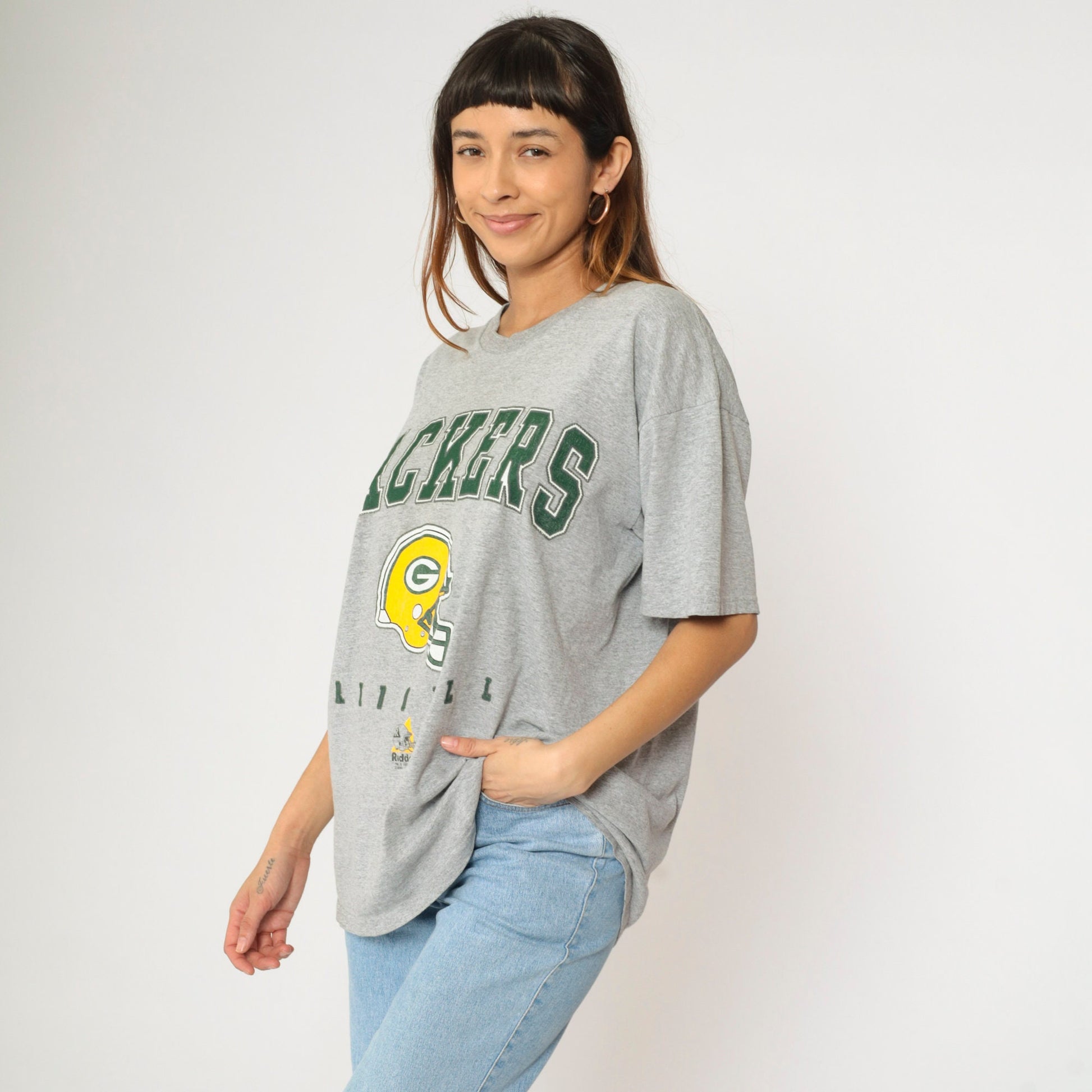 90s Green Bay Packers Riddell NFL Graphic T-Shirt Heather Grey Large L