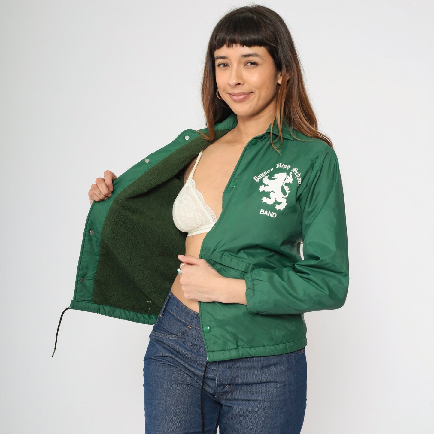 70s Payson High School Band Windbreaker Green Nylon Fleece Lined Youth Large