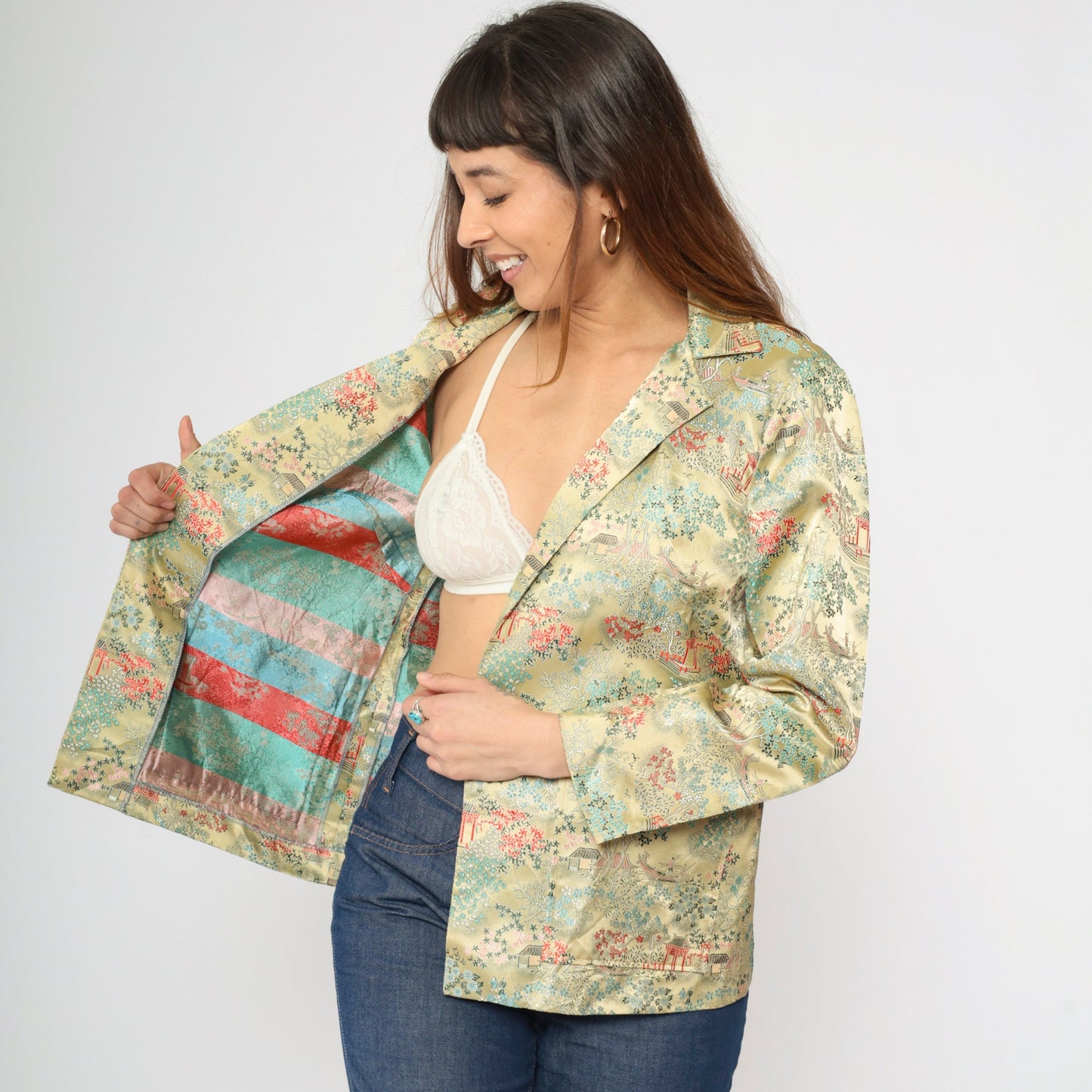 80s Asian Landscape Satin Blazer Yellow Pagoda Print Notched Collar Medium