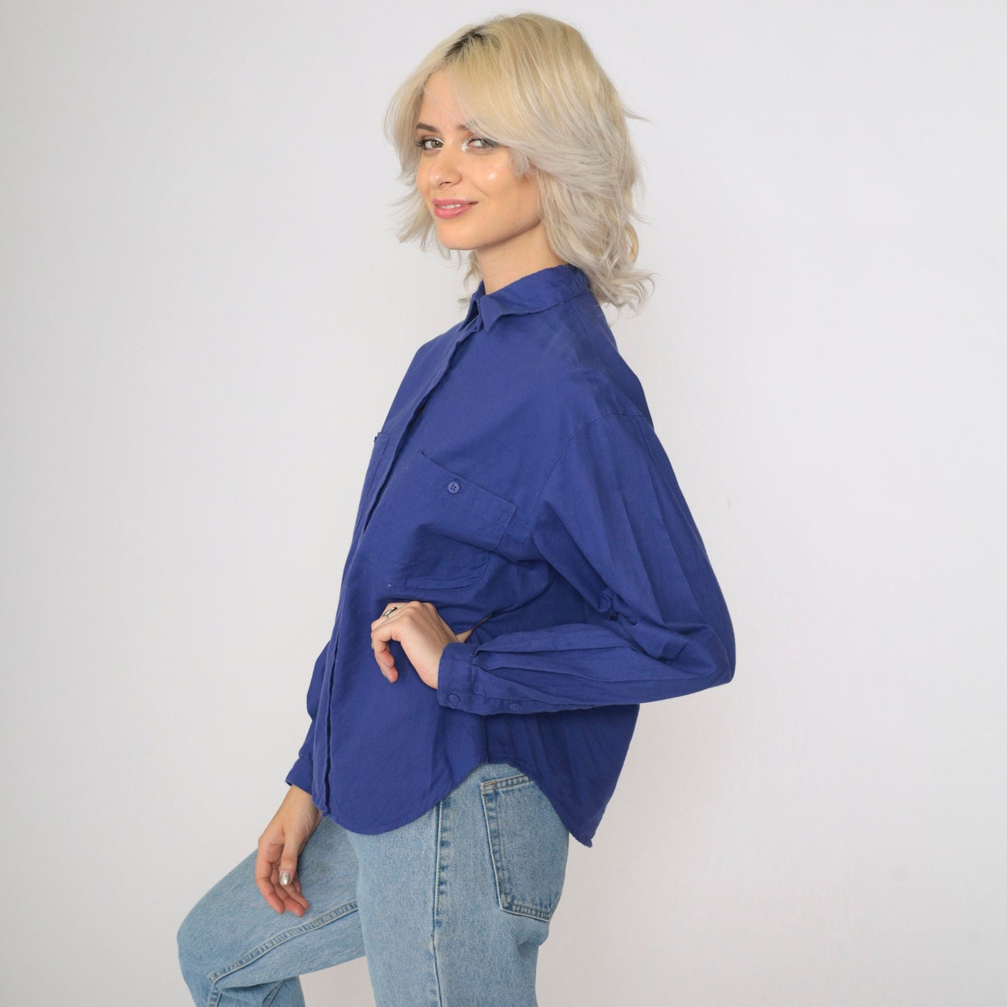 90s Blue Collared Blouse Cotton Button-Up Long Sleeve Chest Pocket Large