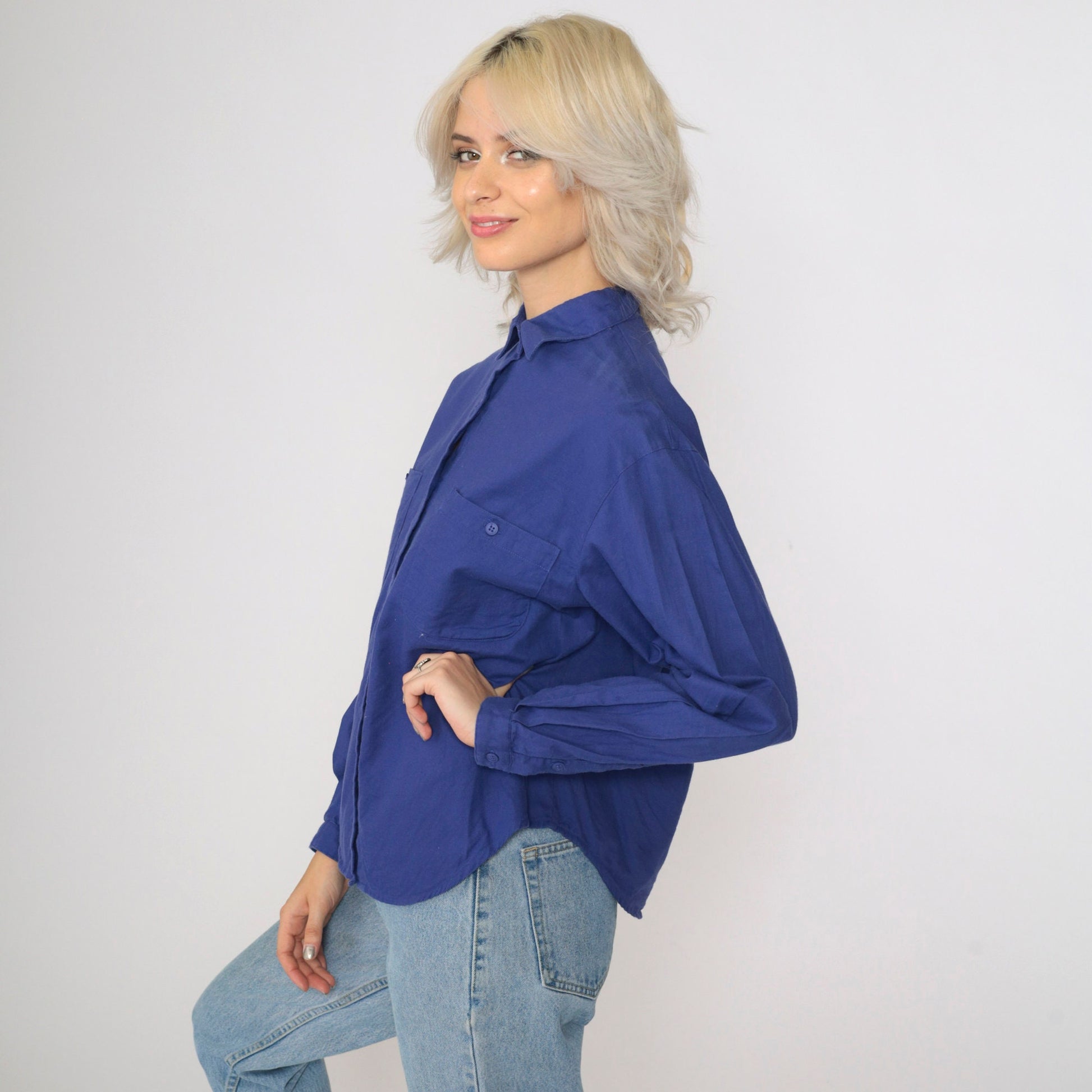 90s Blue Collared Blouse Cotton Button-Up Long Sleeve Chest Pocket Large