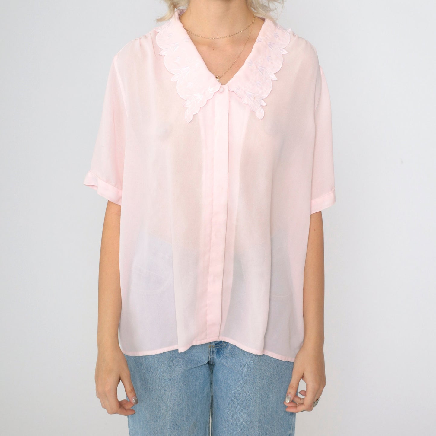 90s Sheer Pink Blouse Embroidered Collar Floral Button Up Short Sleeve Extra Large
