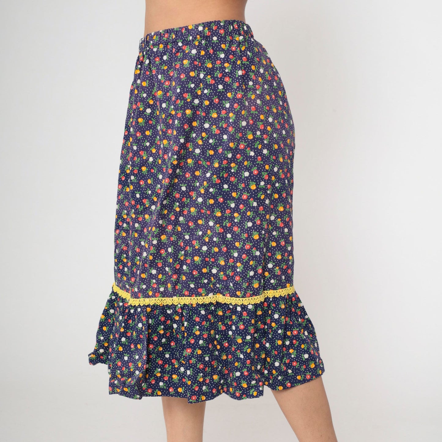 70s Navy Floral Calico Midi Skirt Tiered Flounce Elastic Waist Medium