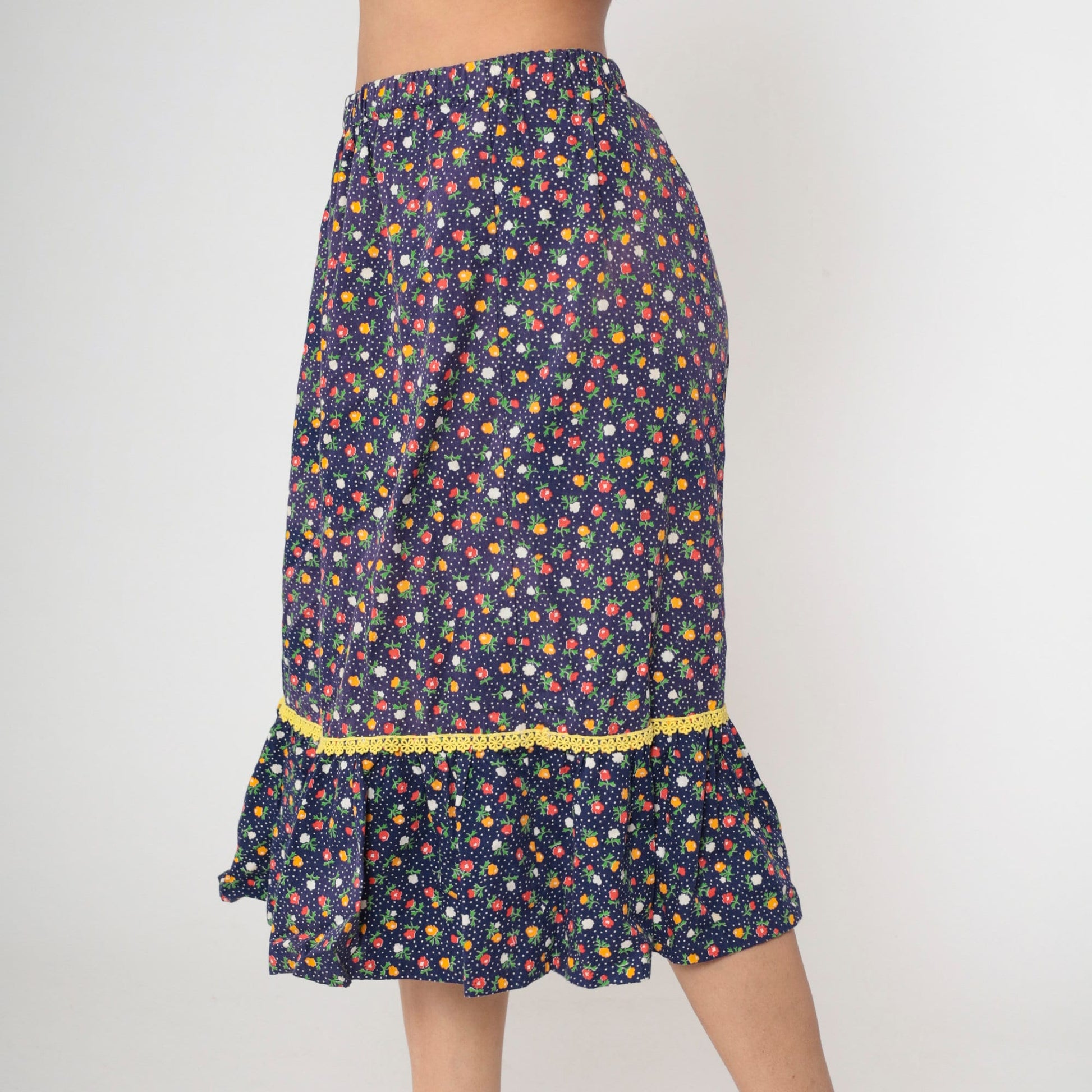 70s Navy Floral Calico Midi Skirt Tiered Flounce Elastic Waist Medium