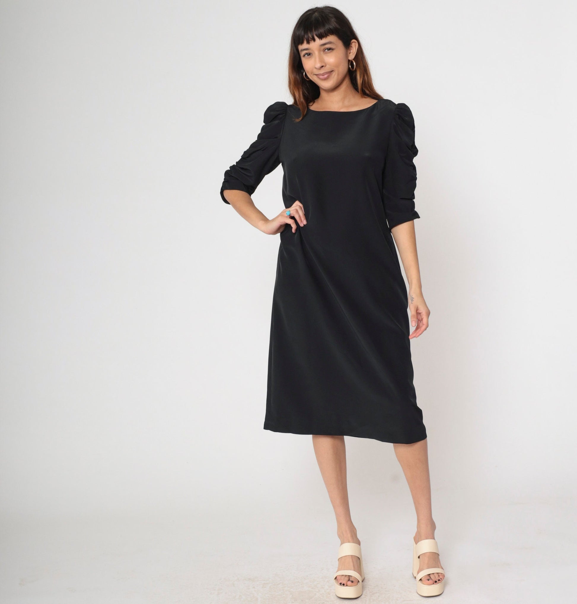 80s Black Puff Sleeve Shift Dress Midi Ruched Boatneck Medium