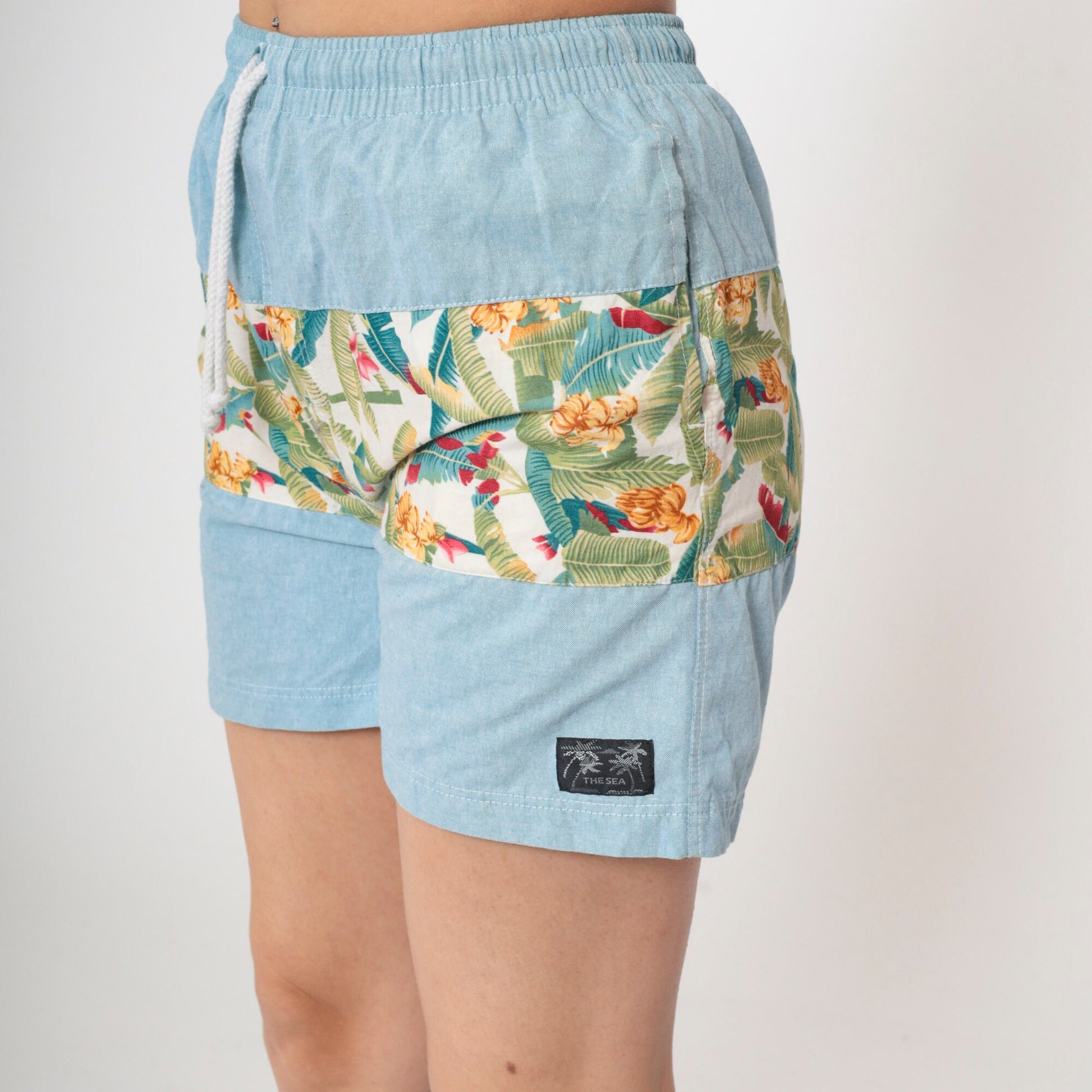 Y2K Tropical Banana Leaf Beach Shorts Blue Chambray Drawstring Small