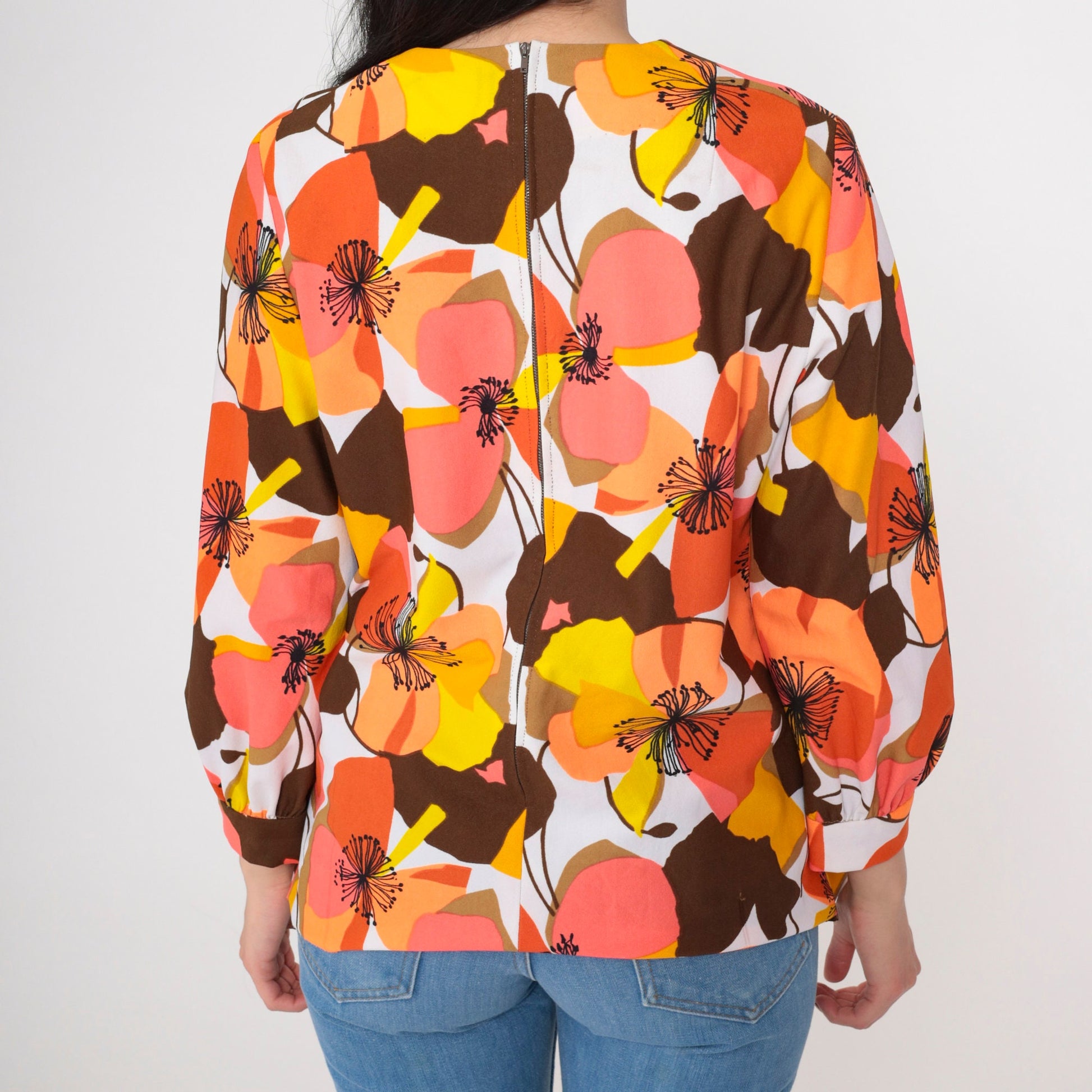 70s Floral Blouse Bright Tropical Coral Orange Long Sleeve Round Neck Medium