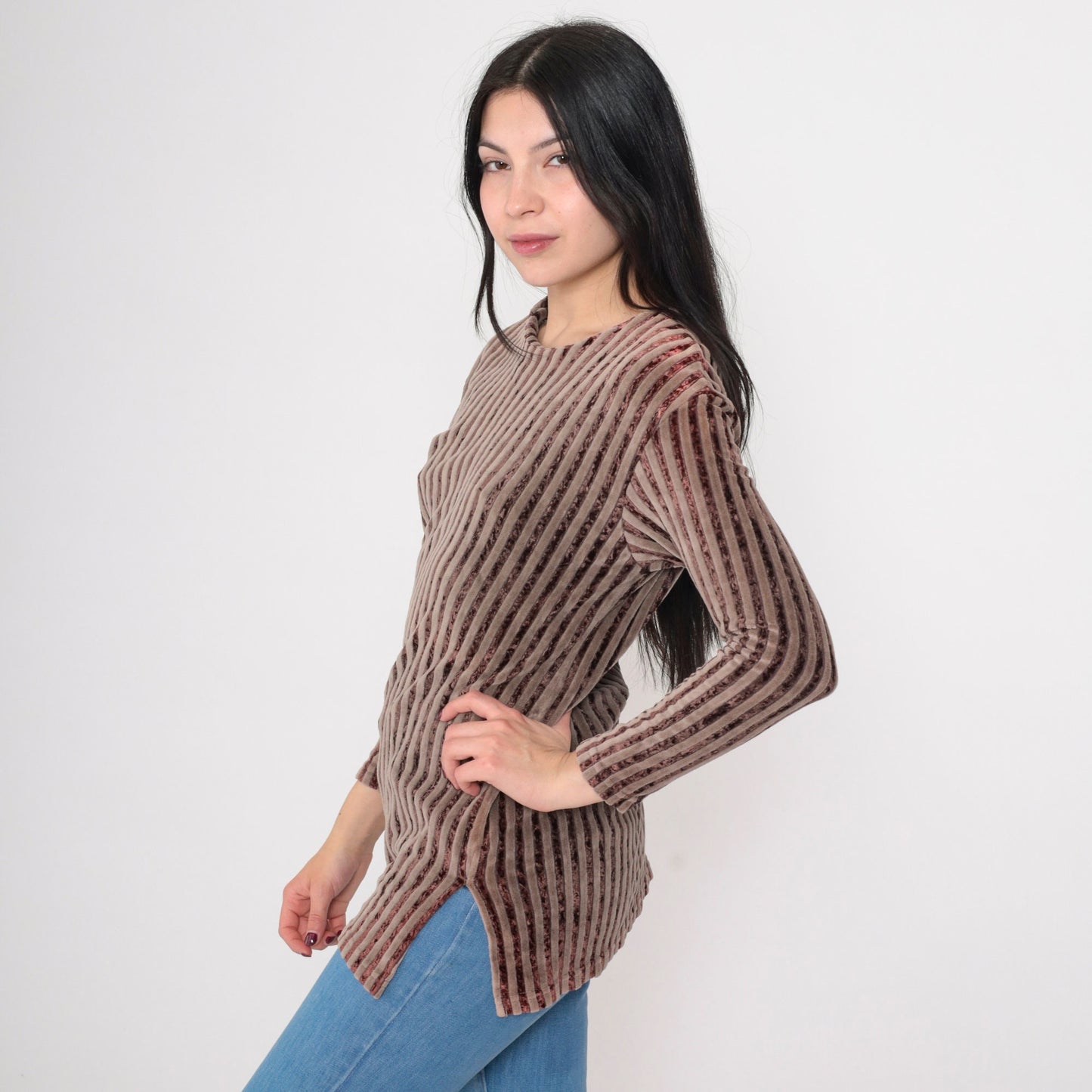 90s Brown Striped Velour Blouse Scoop Neck Long Sleeve Small