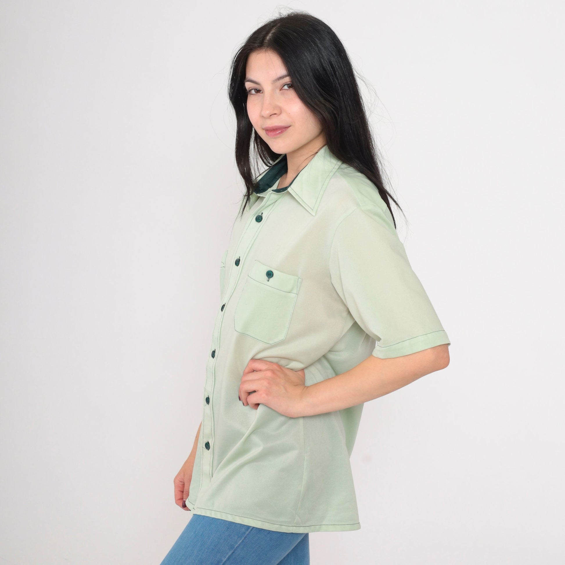 70s Mint Green Button Up Shirt Short Sleeve Collared Chest Pockets Large